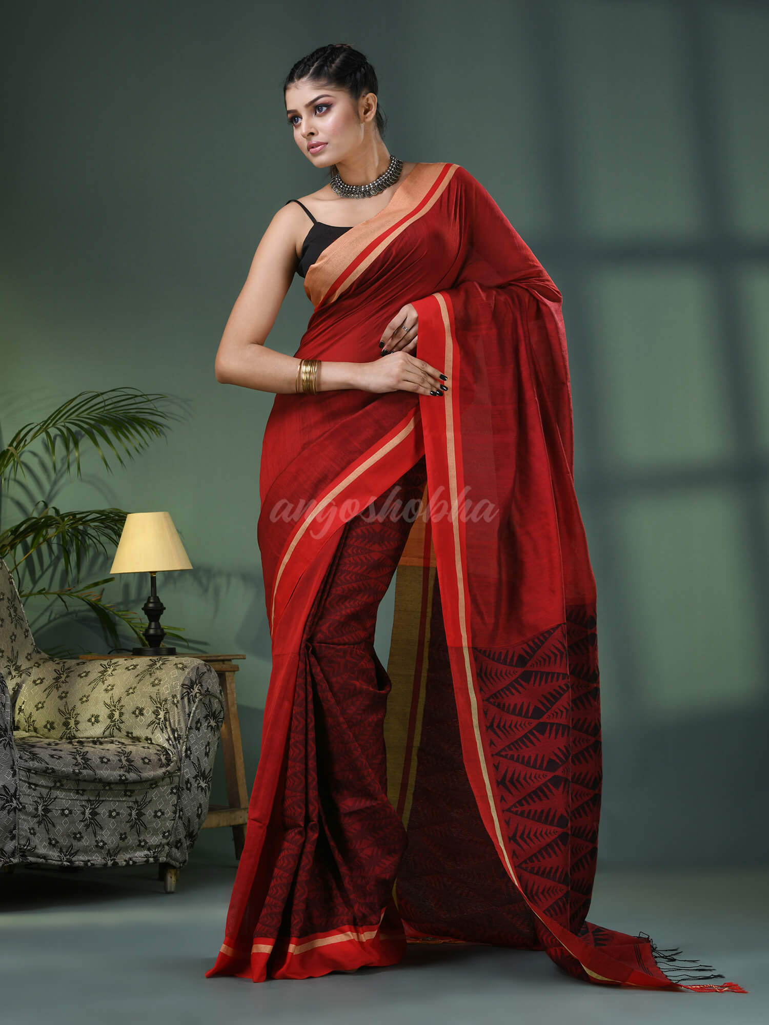 Red Cotton Blend Jacquard Work Handloom Saree