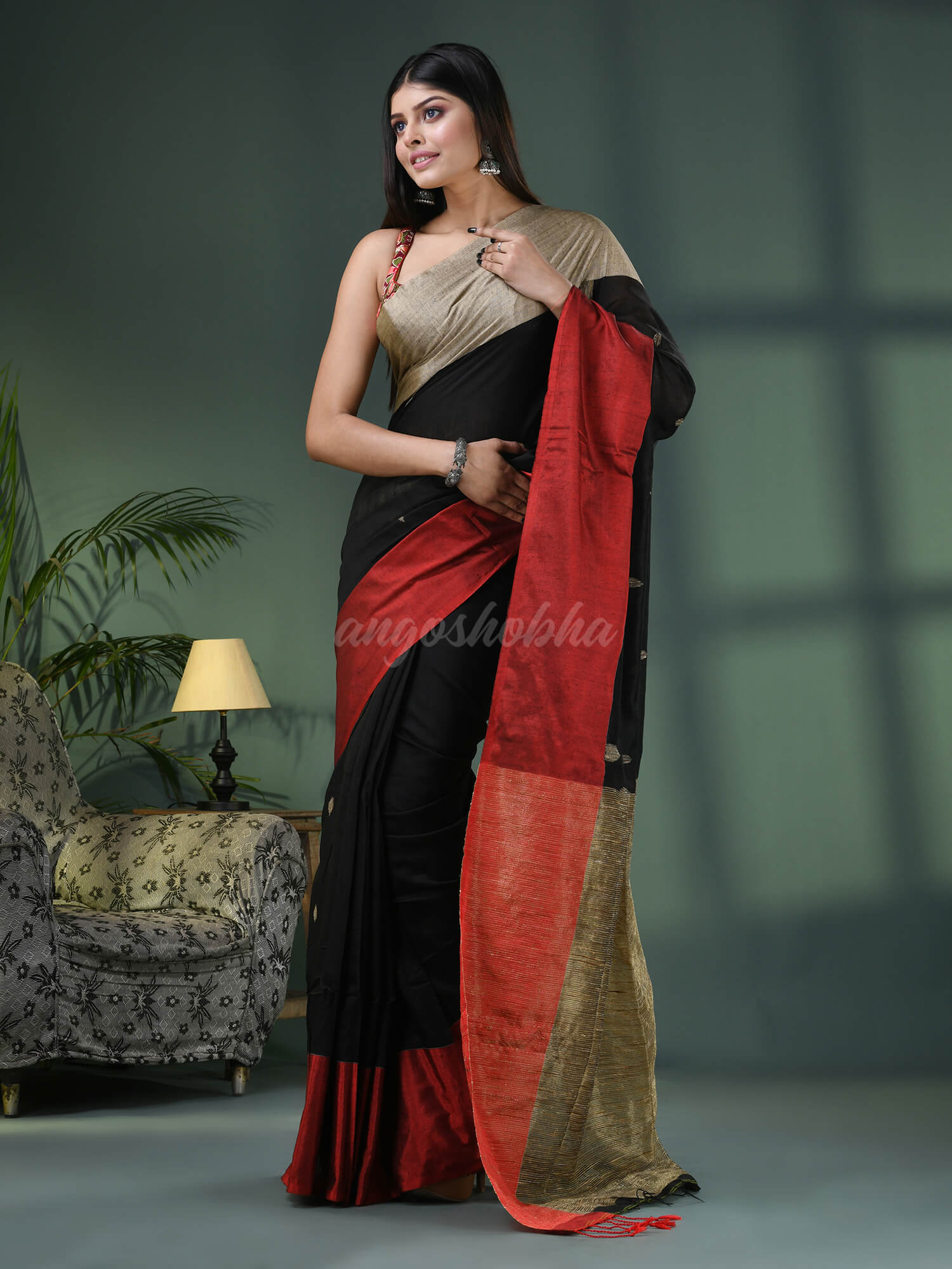 Black Cotton Blend Ganga Yamuna Border Handloom Saree