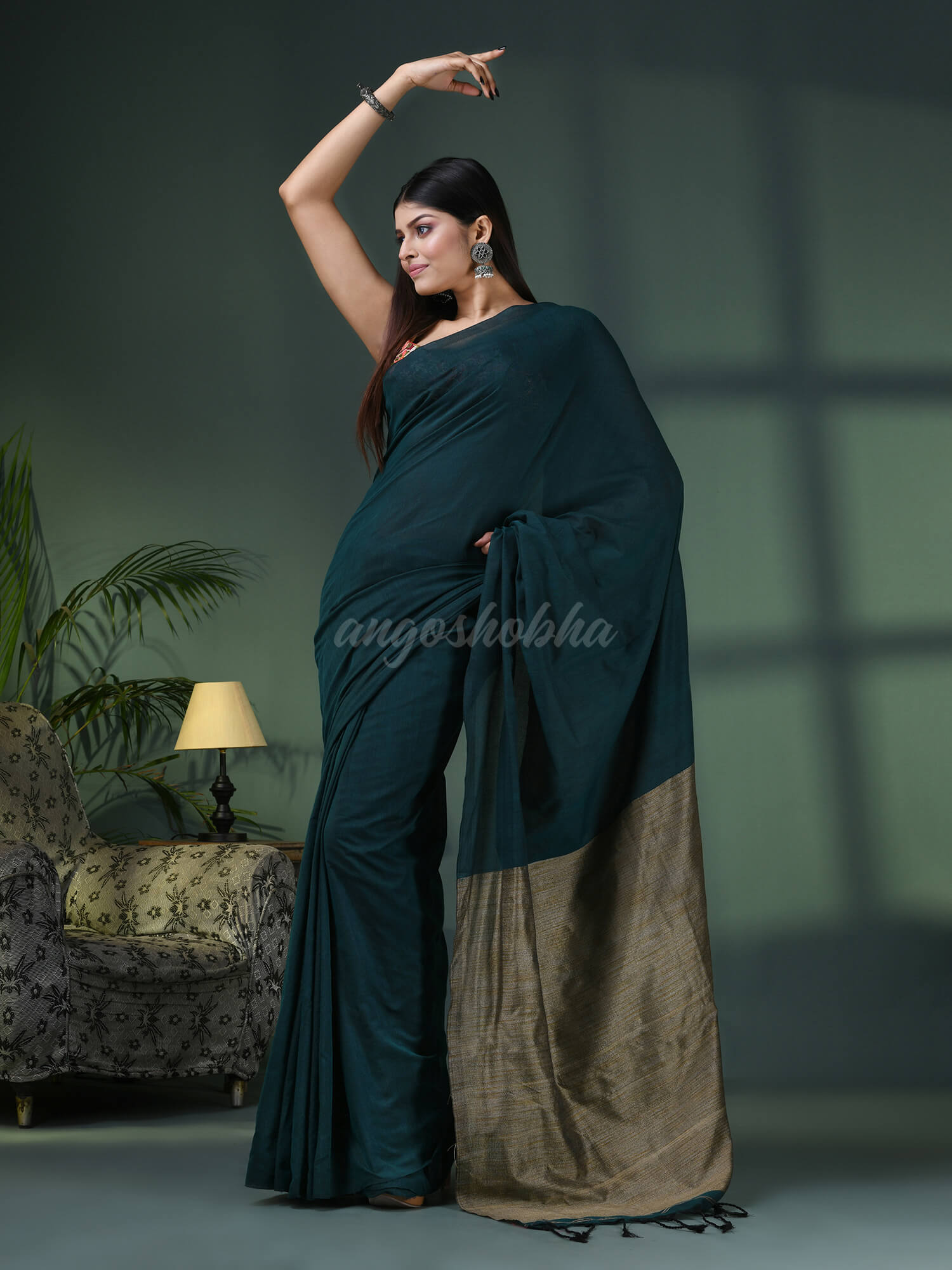 Teal Cotton Blend Dupion Silk Pallu Handloom Saree