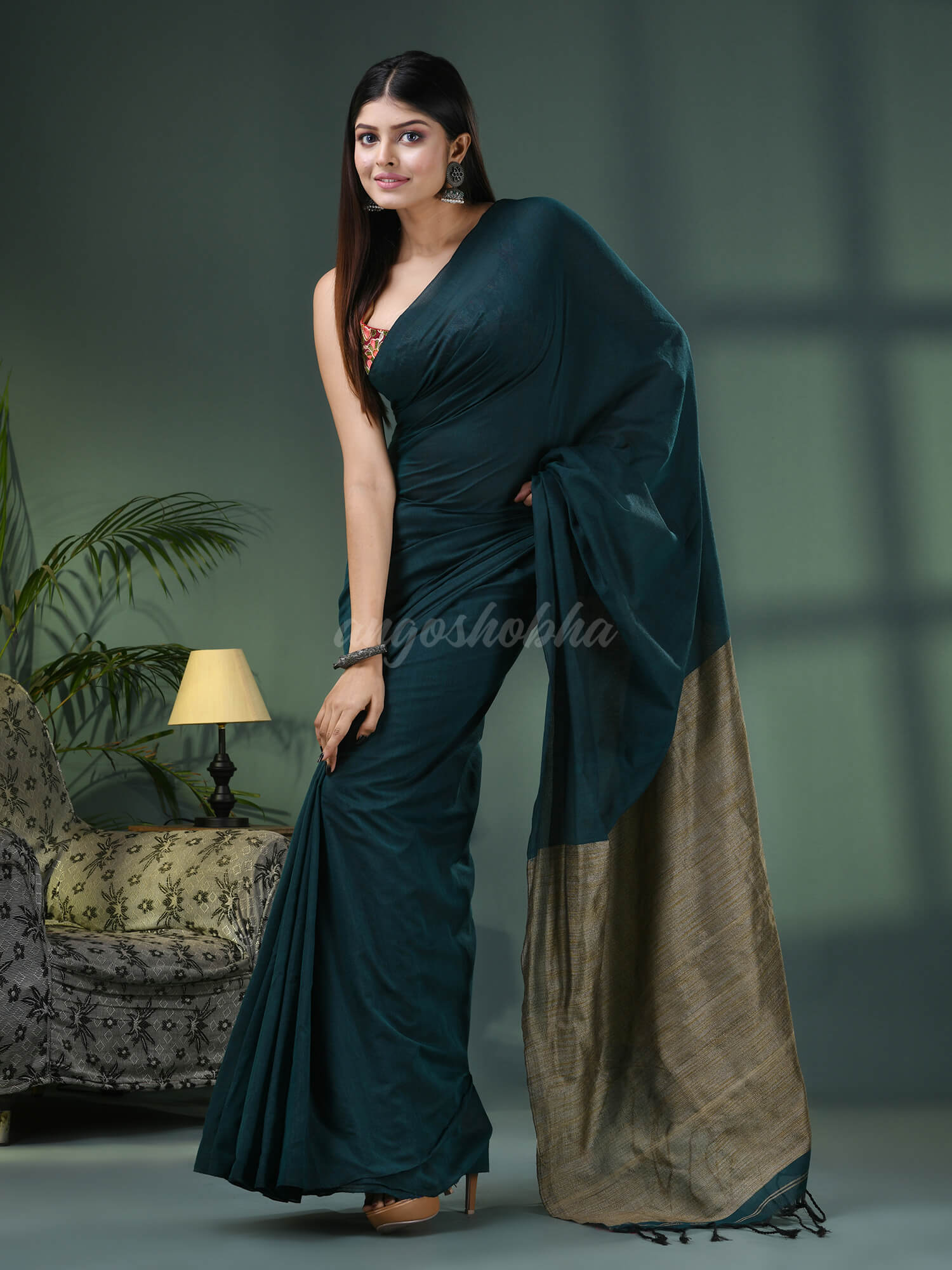 Teal Cotton Blend Dupion Silk Pallu Handloom Saree