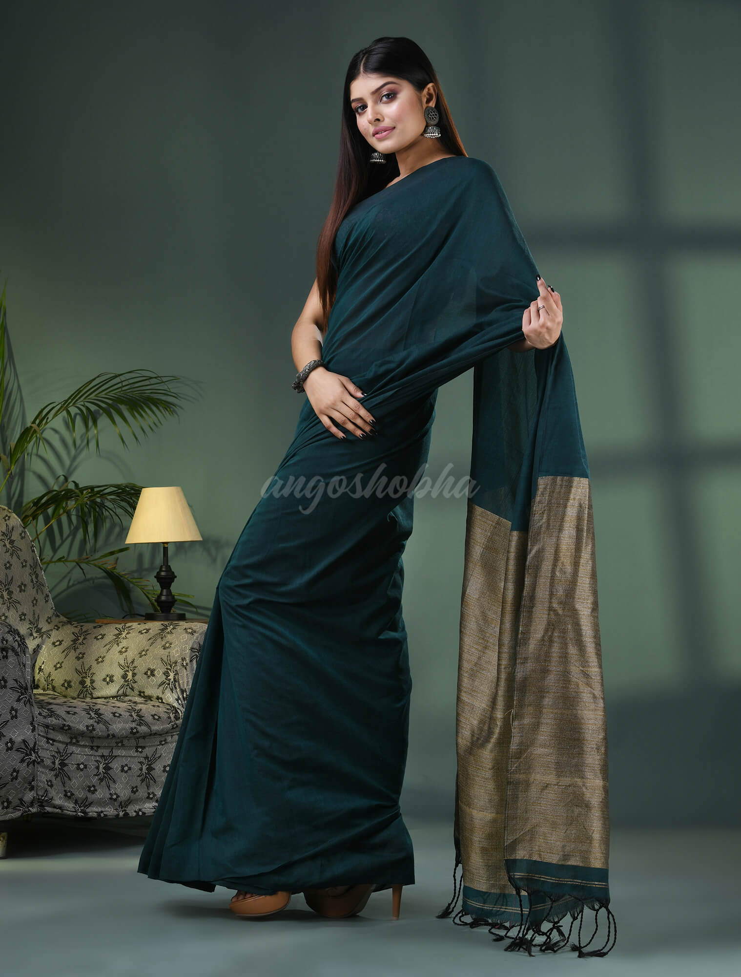 Teal Cotton Blend Dupion Silk Pallu Handloom Saree