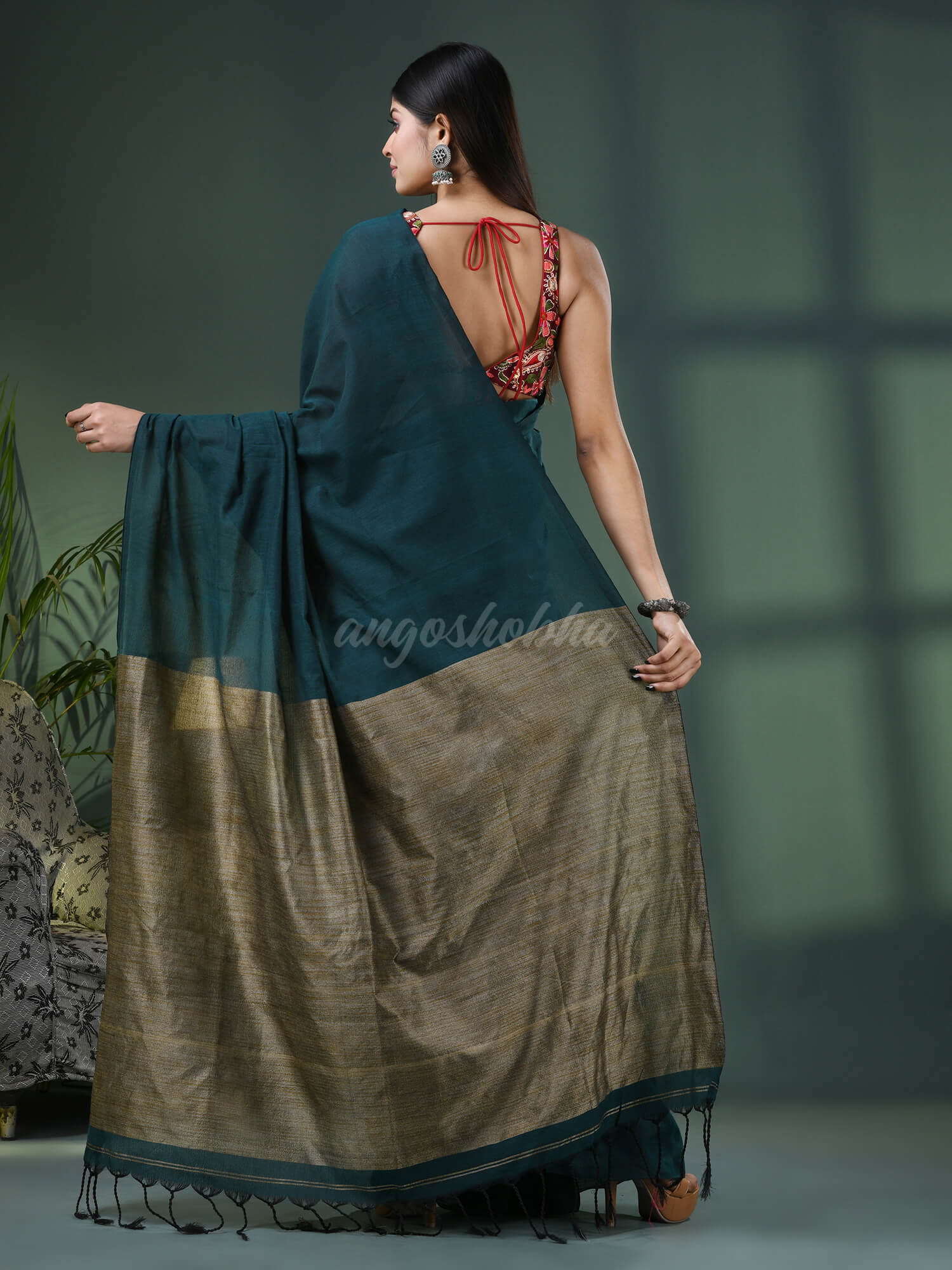 Teal Cotton Blend Dupion Silk Pallu Handloom Saree