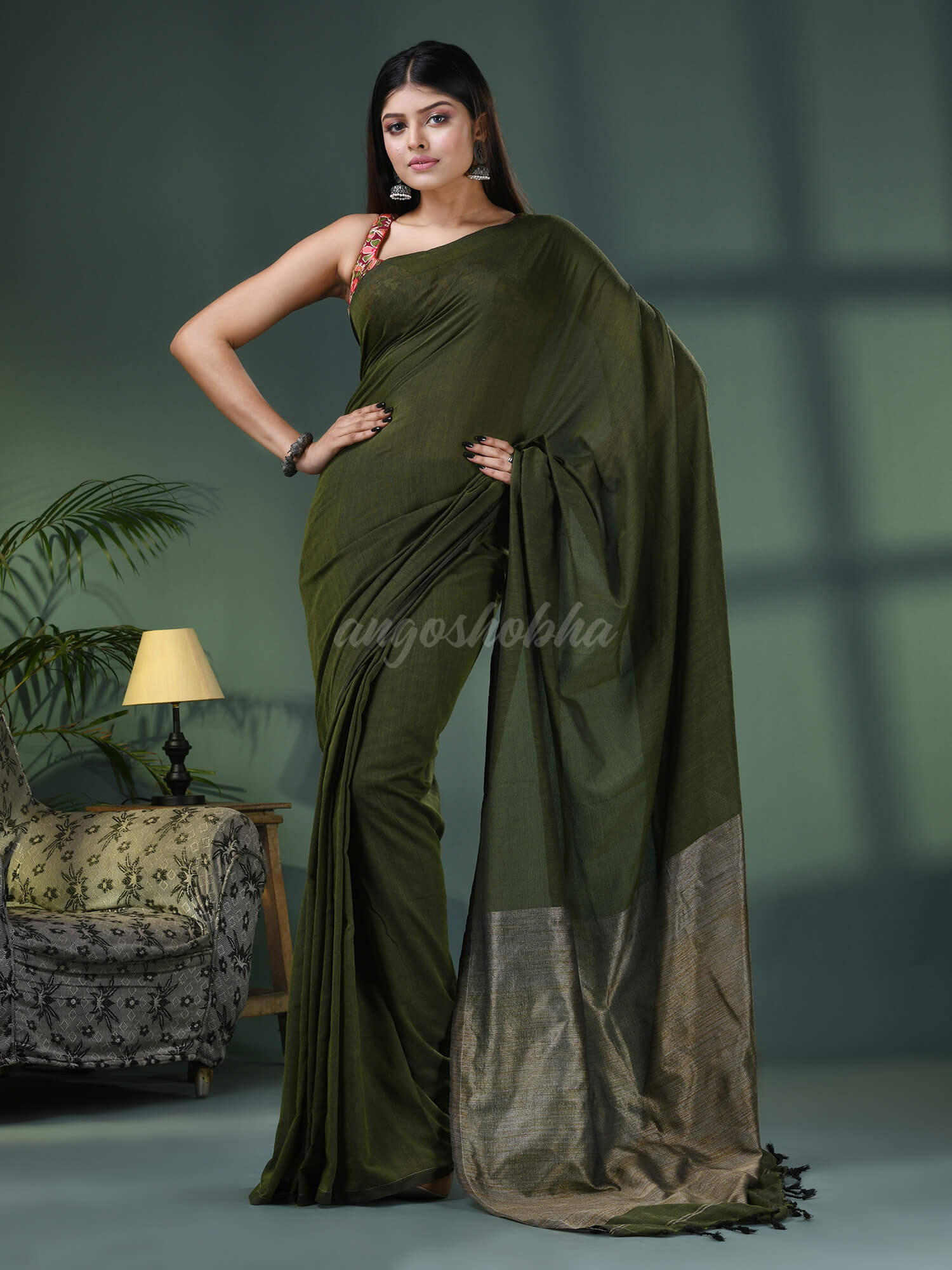 Moss Green Cotton Blend Dupion Silk Pallu Handloom Saree