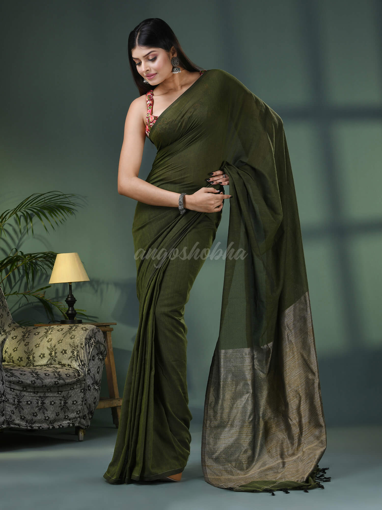 Moss Green Cotton Blend Dupion Silk Pallu Handloom Saree