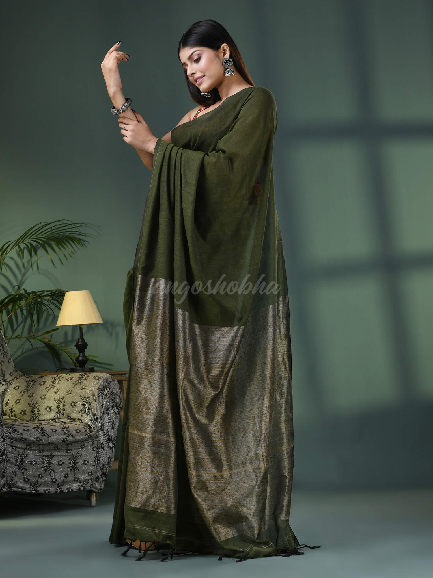 Moss Green Cotton Blend Dupion Silk Pallu Handloom Saree