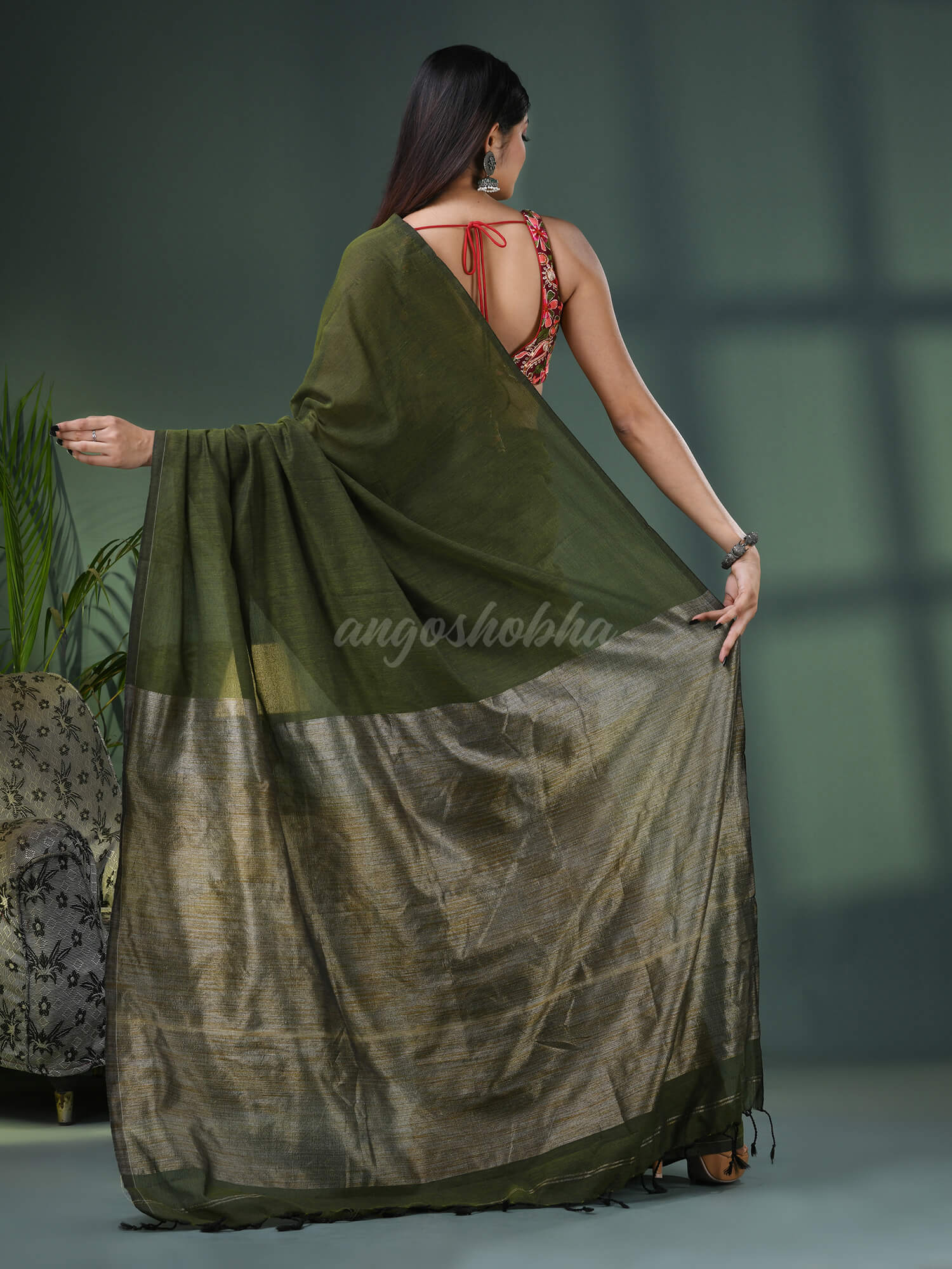 Moss Green Cotton Blend Dupion Silk Pallu Handloom Saree