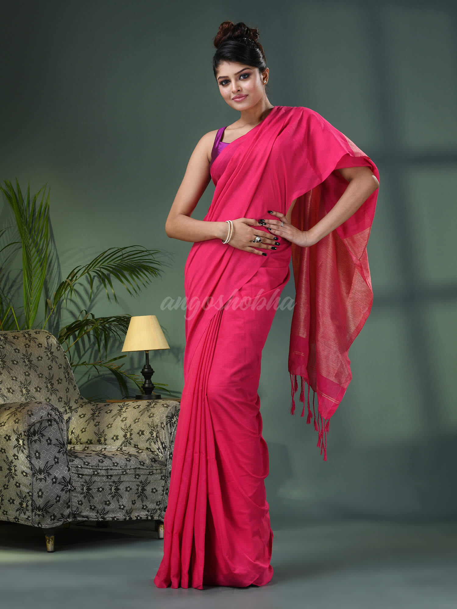 Fuscia Cotton Blend Dupion Silk Pallu Handloom Saree