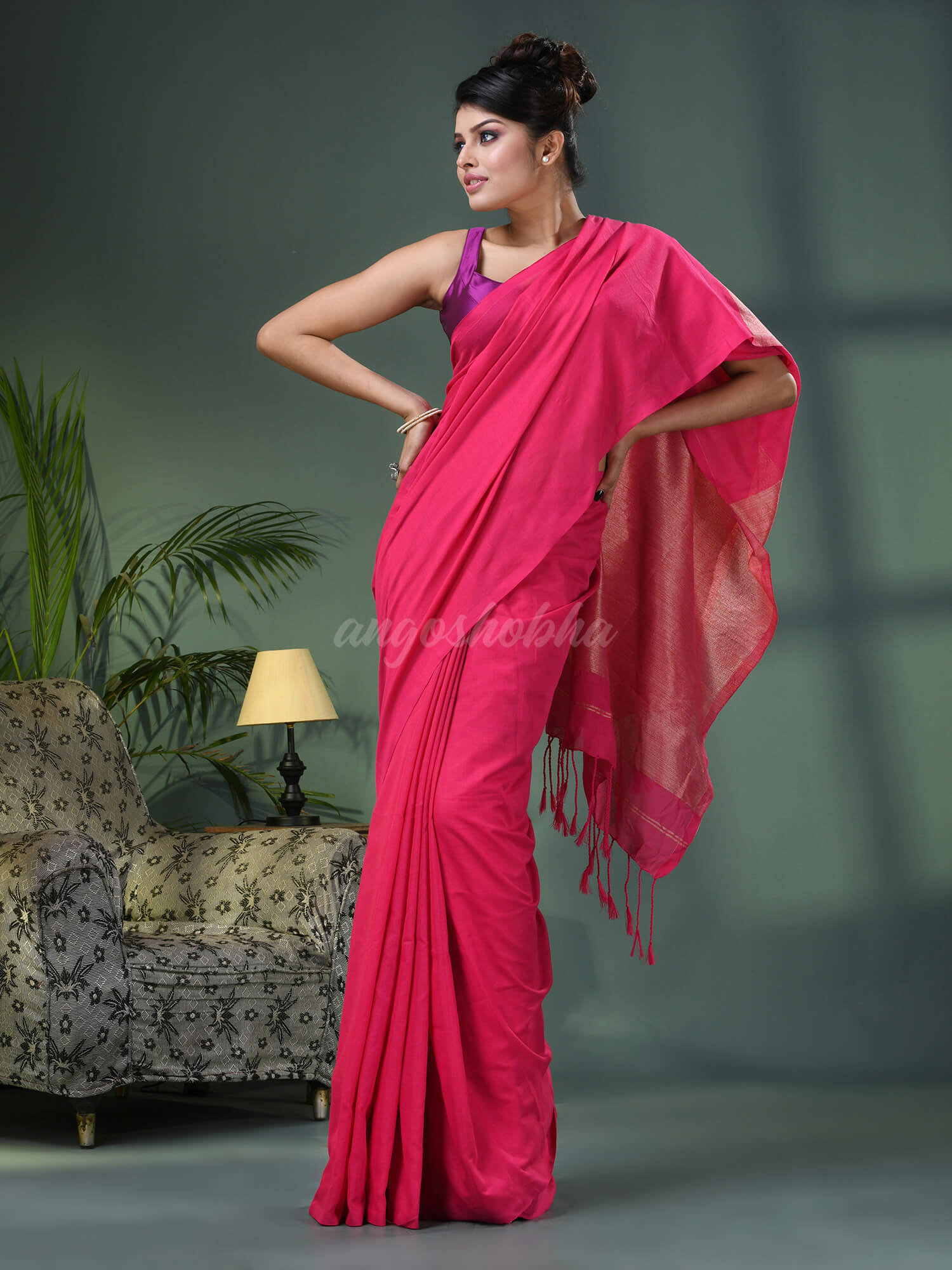 Fuscia Cotton Blend Dupion Silk Pallu Handloom Saree