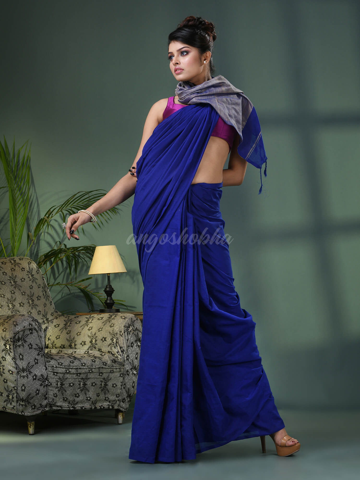 Blue Cotton Blend Dupion Silk Pallu Handloom Saree