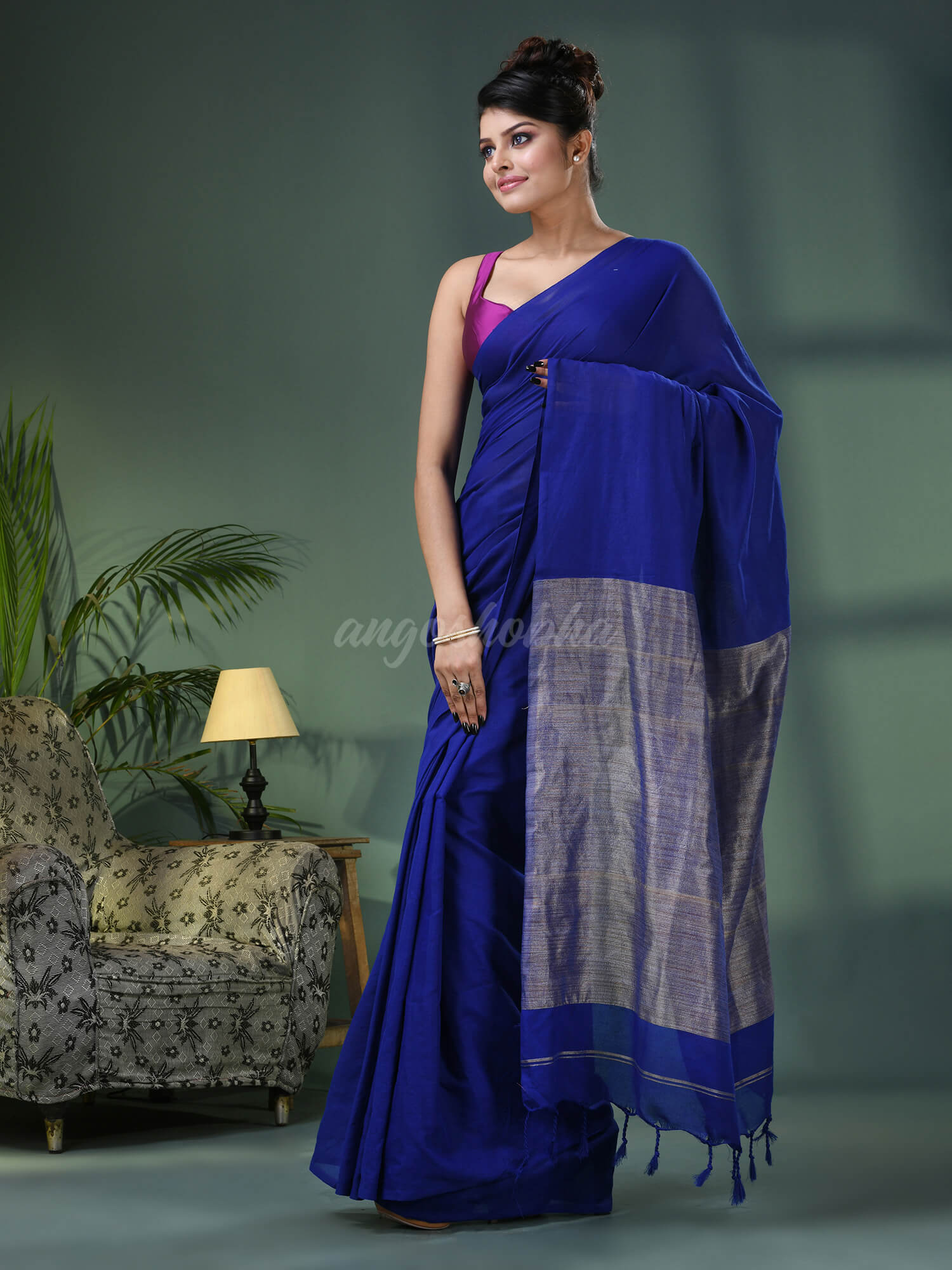 Blue Cotton Blend Dupion Silk Pallu Handloom Saree