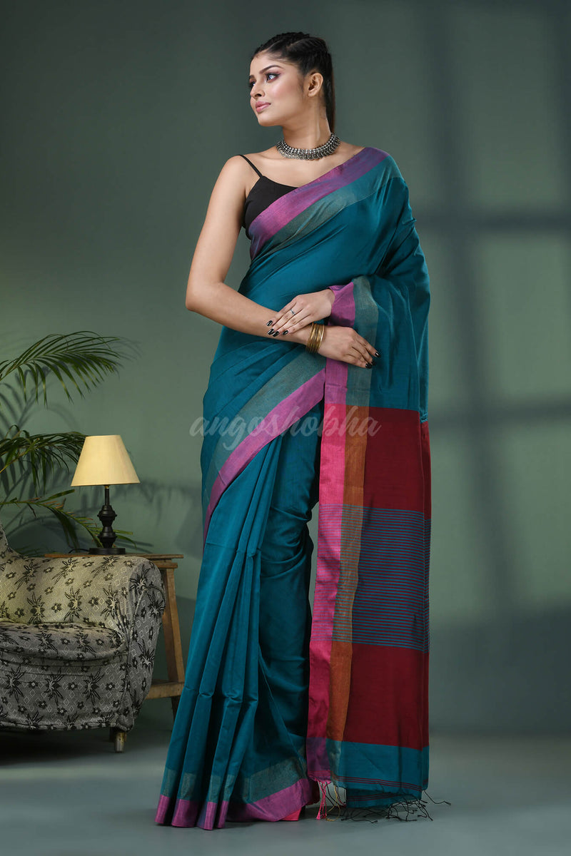 Deep Teal Cotton Blend Solid Border Handloom Saree