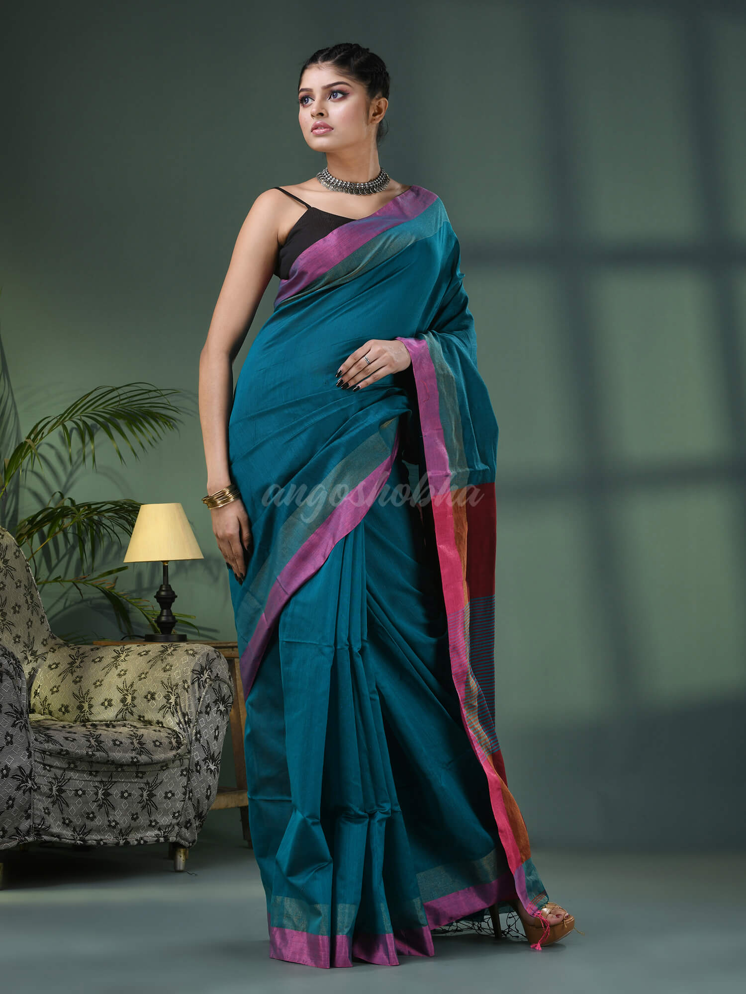 Deep Teal Cotton Blend Solid Border Handloom Saree