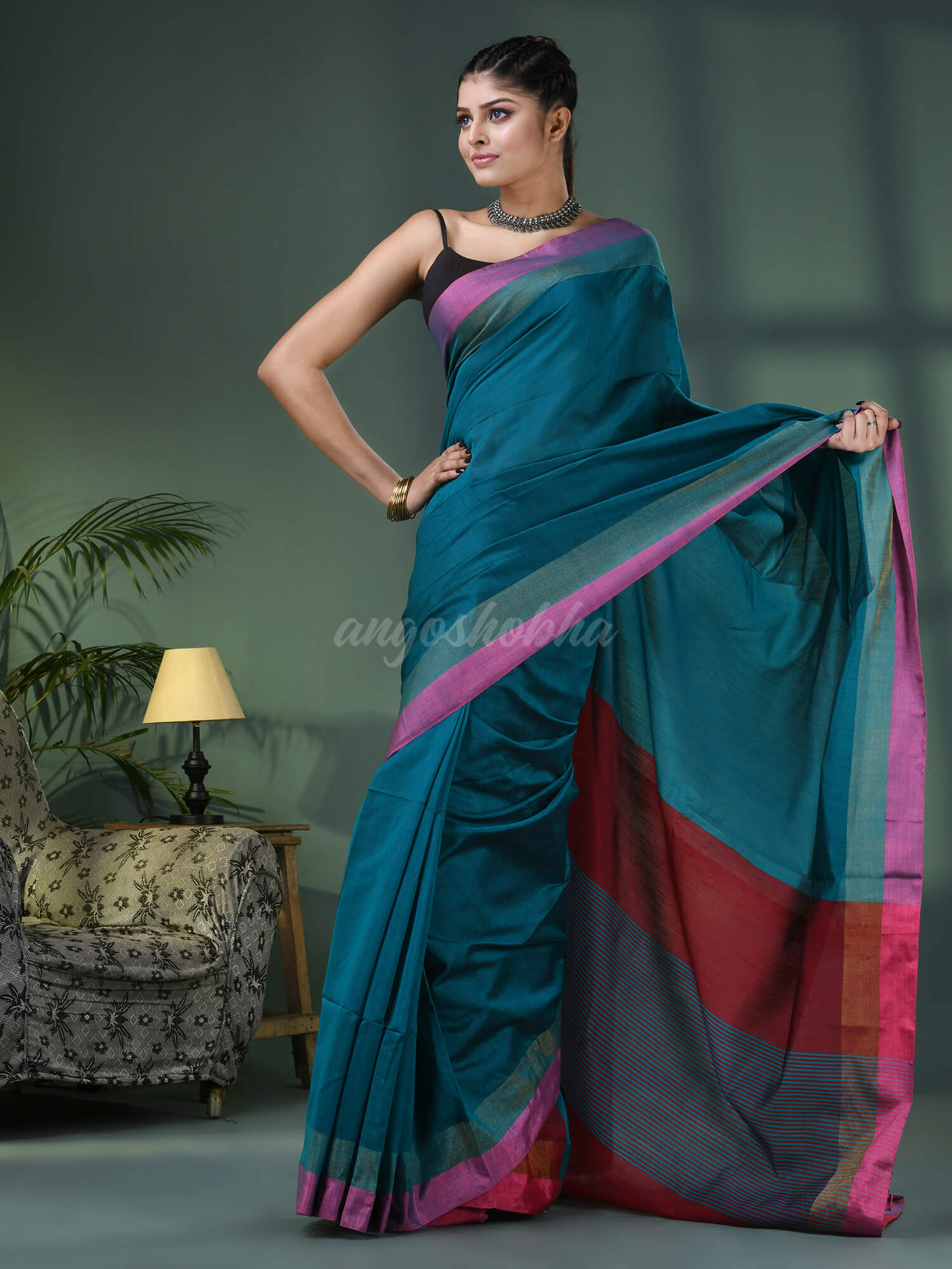 Deep Teal Cotton Blend Solid Border Handloom Saree