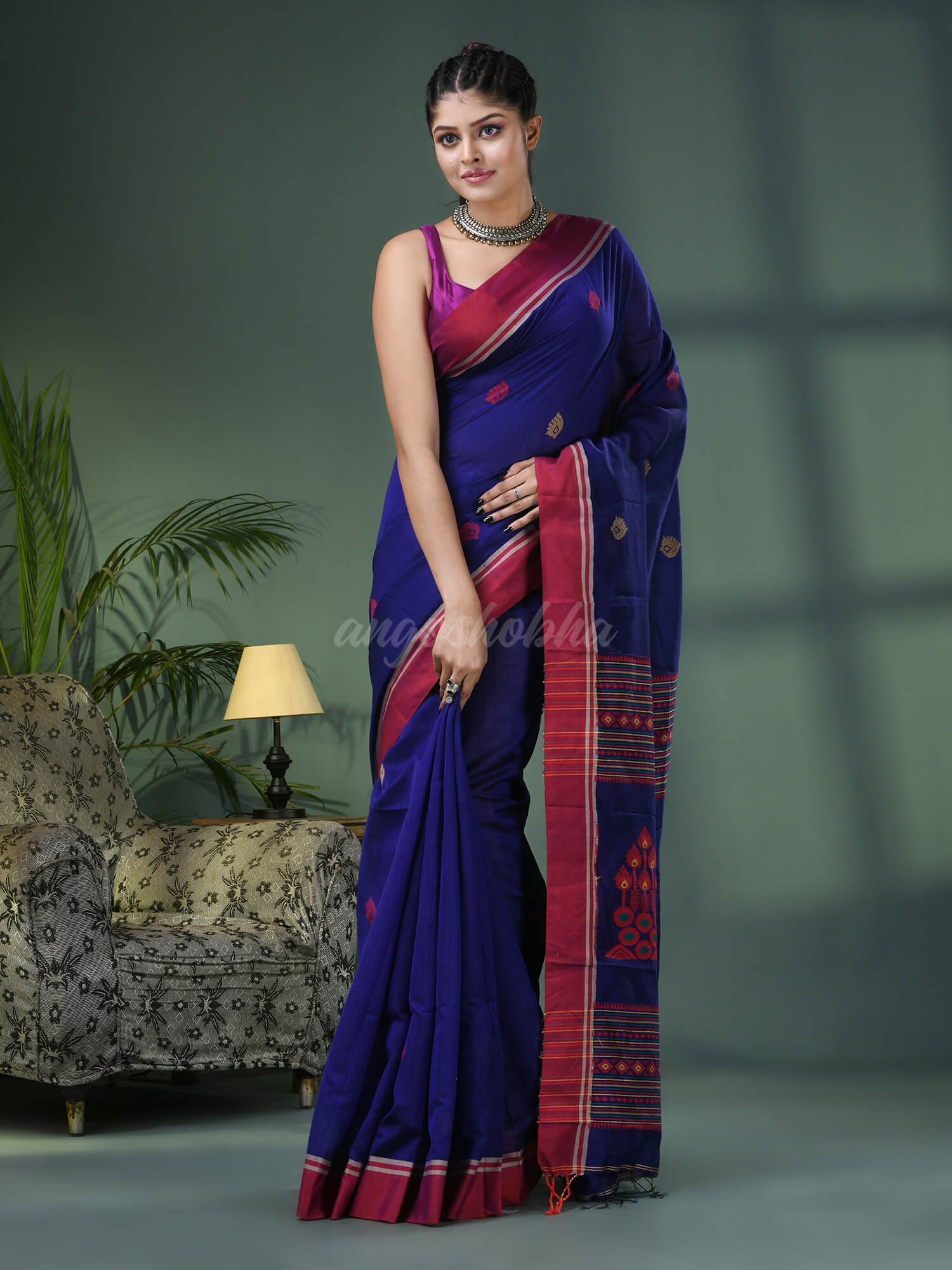 Blue Cotton Blend Jacquard Work Handloom Saree