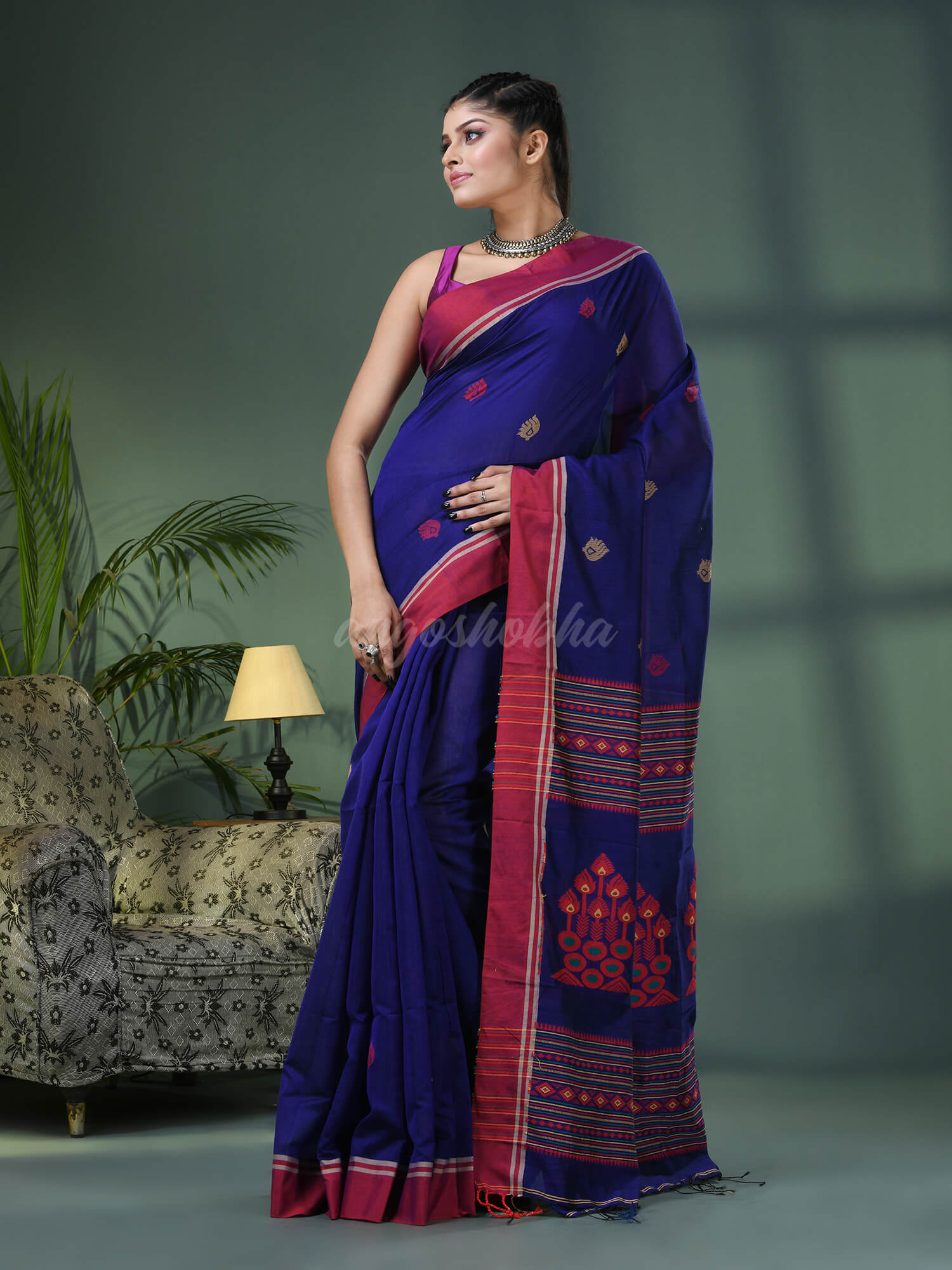 Blue Cotton Blend Jacquard Work Handloom Saree