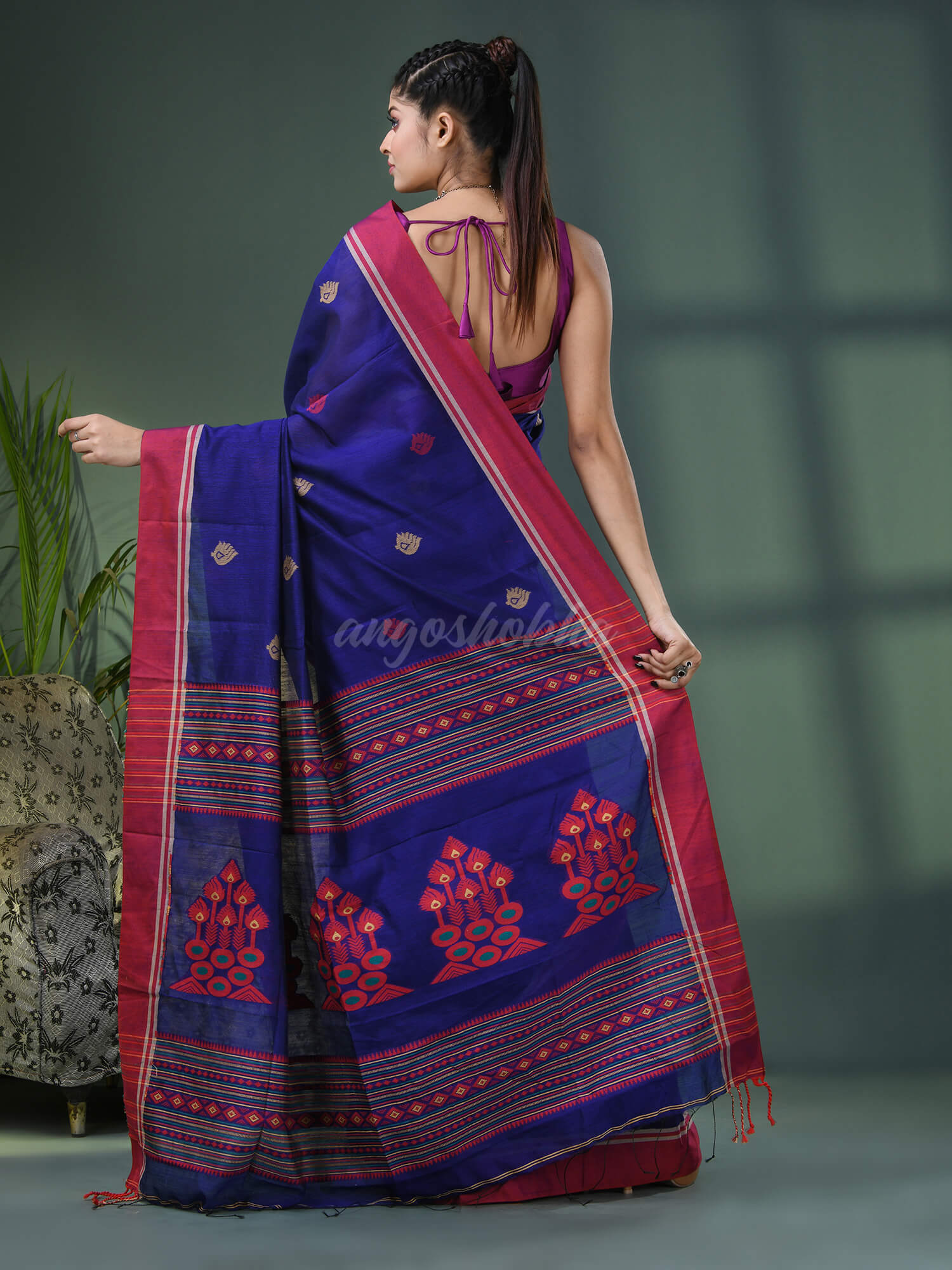 Blue Cotton Blend Jacquard Work Handloom Saree