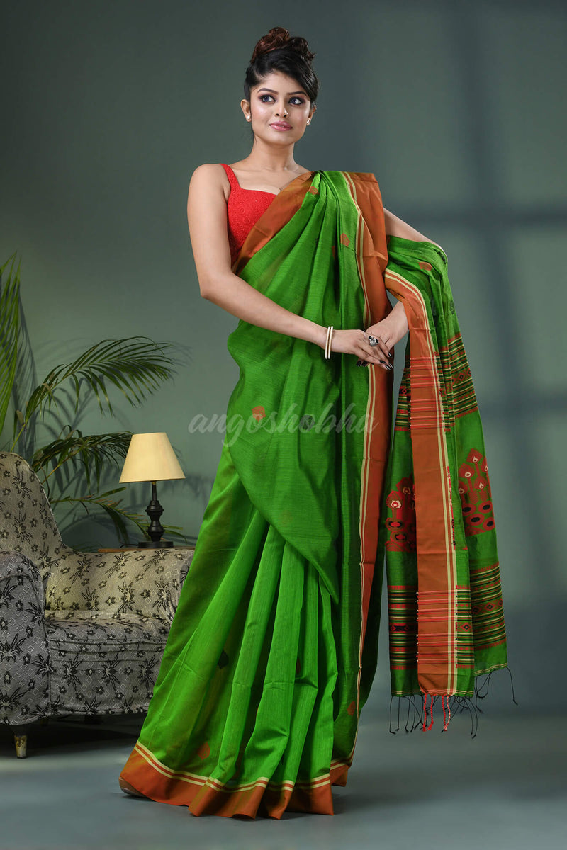 Green Cotton Blend Jacquard Work Handloom Saree