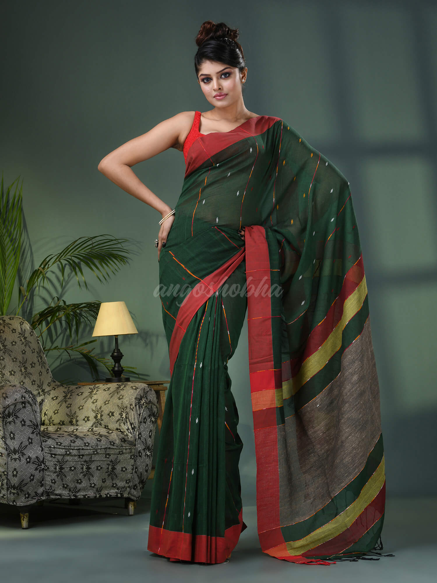 Bottle Green Cotton Handloom Saree