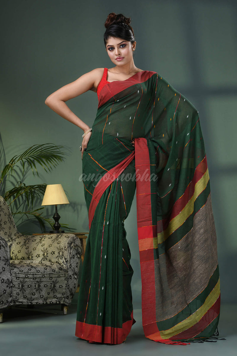 Bottle Green Cotton Handloom Saree