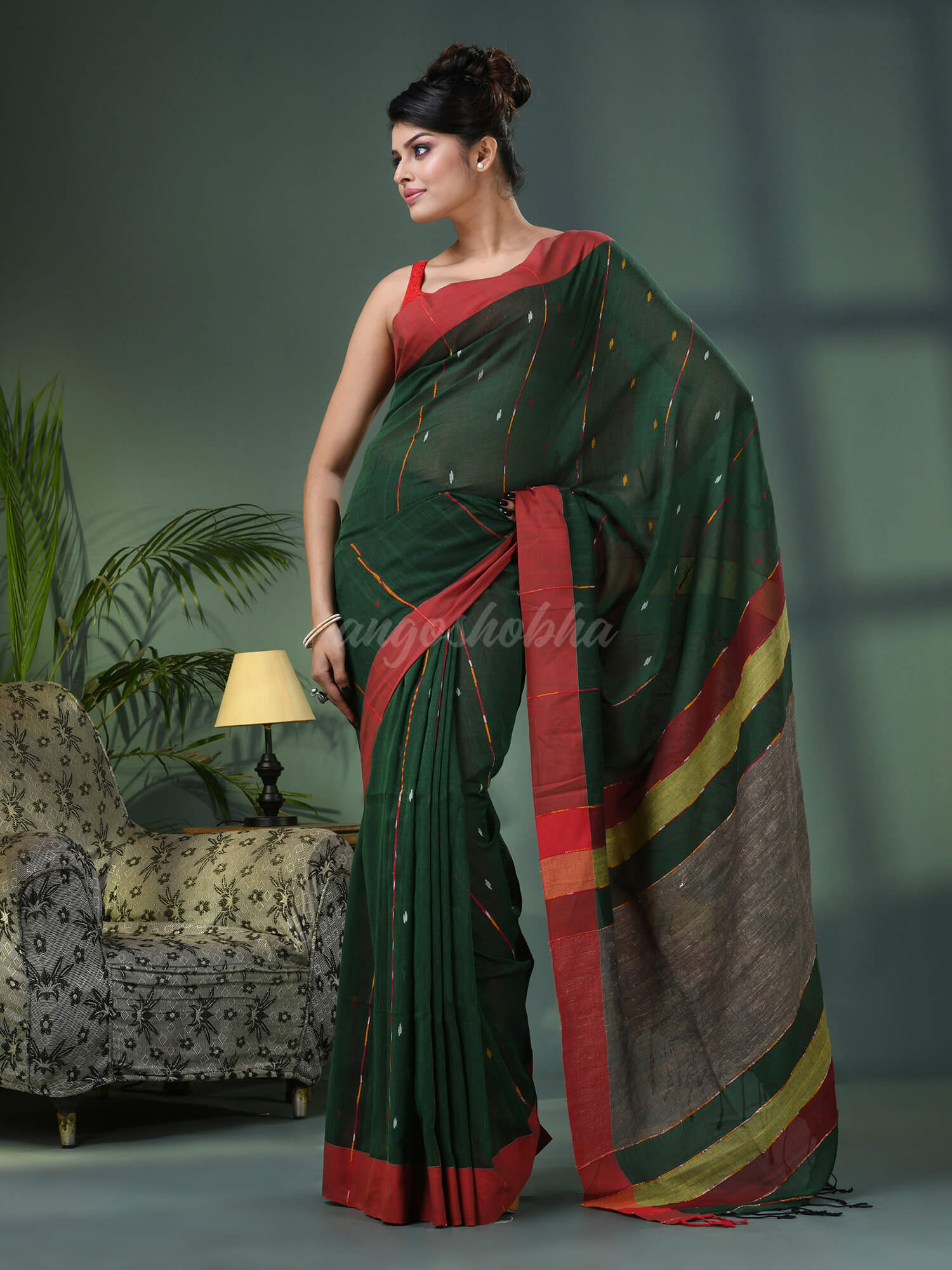 Bottle Green Cotton Handloom Saree