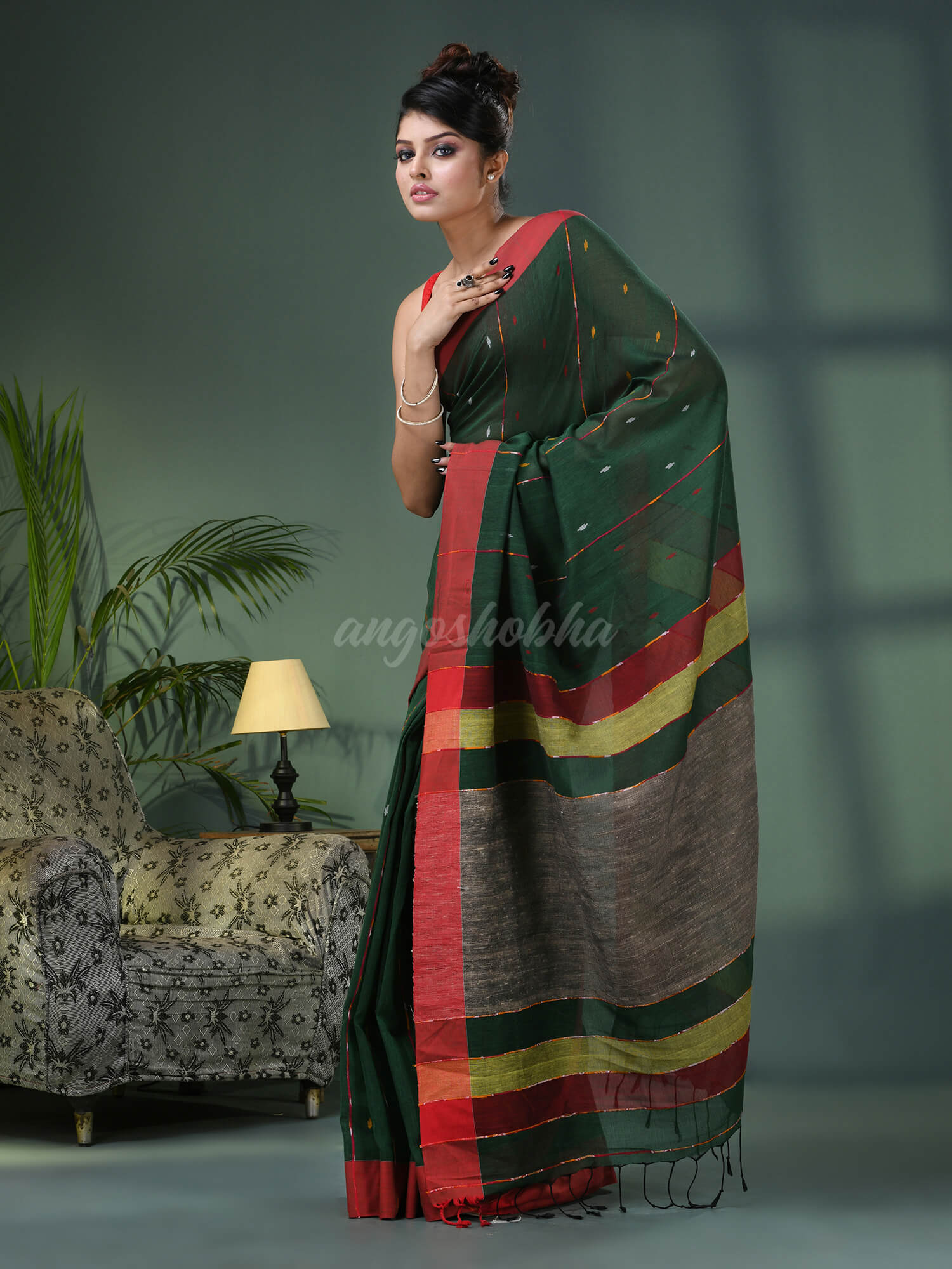 Bottle Green Cotton Handloom Saree
