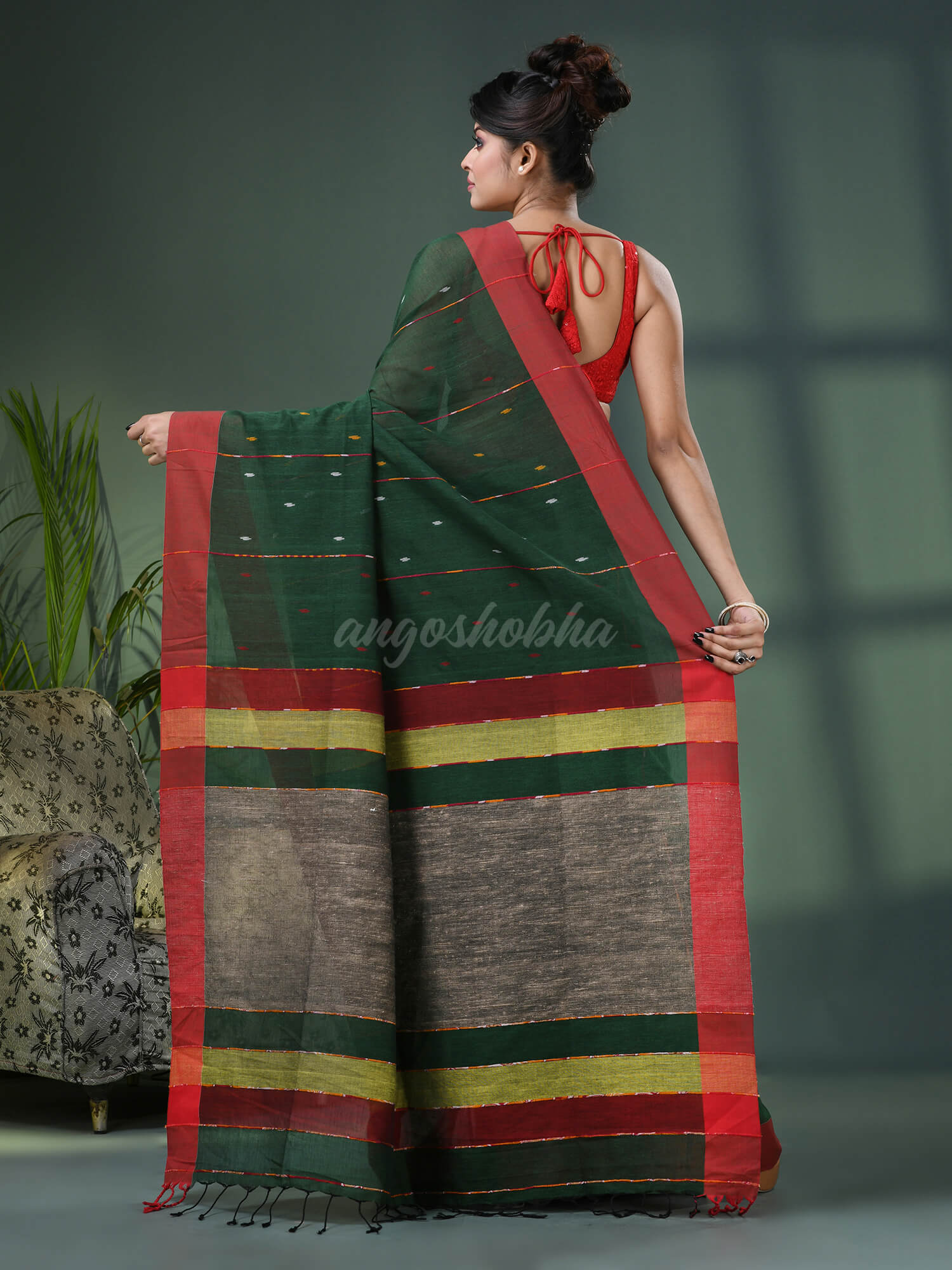 Bottle Green Cotton Handloom Saree