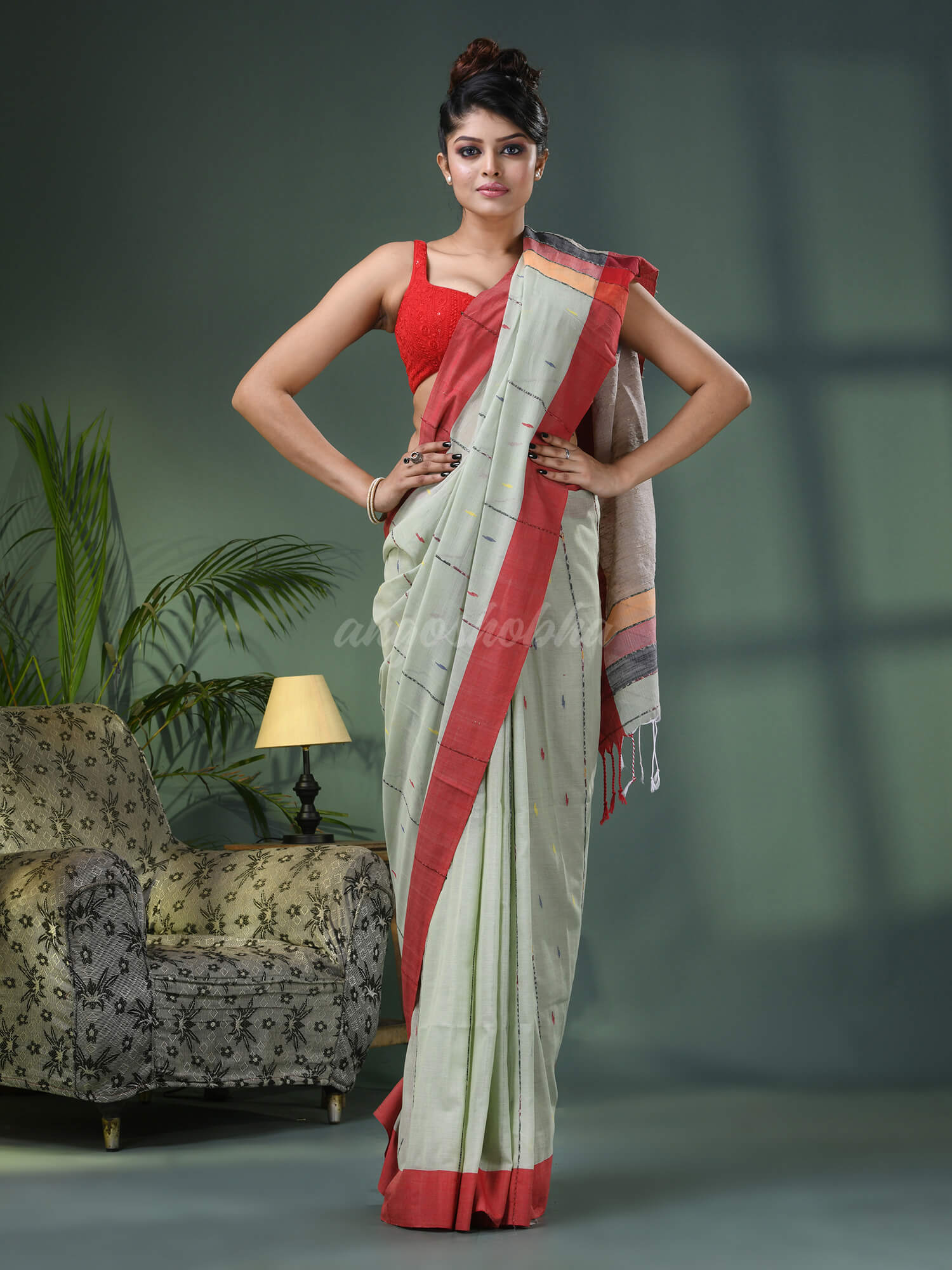 Sage Green Cotton Handloom Saree