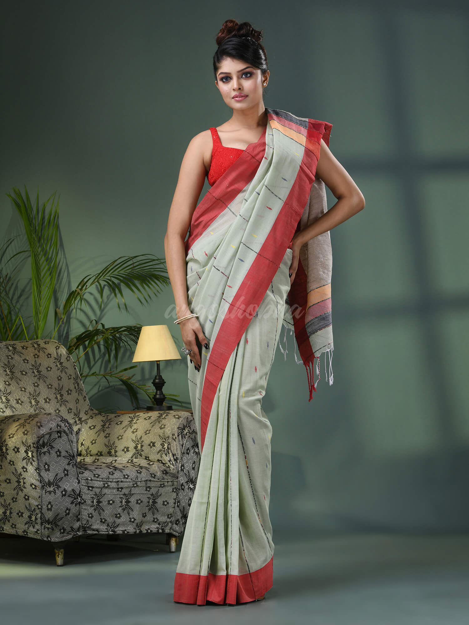 Sage Green Cotton Handloom Saree