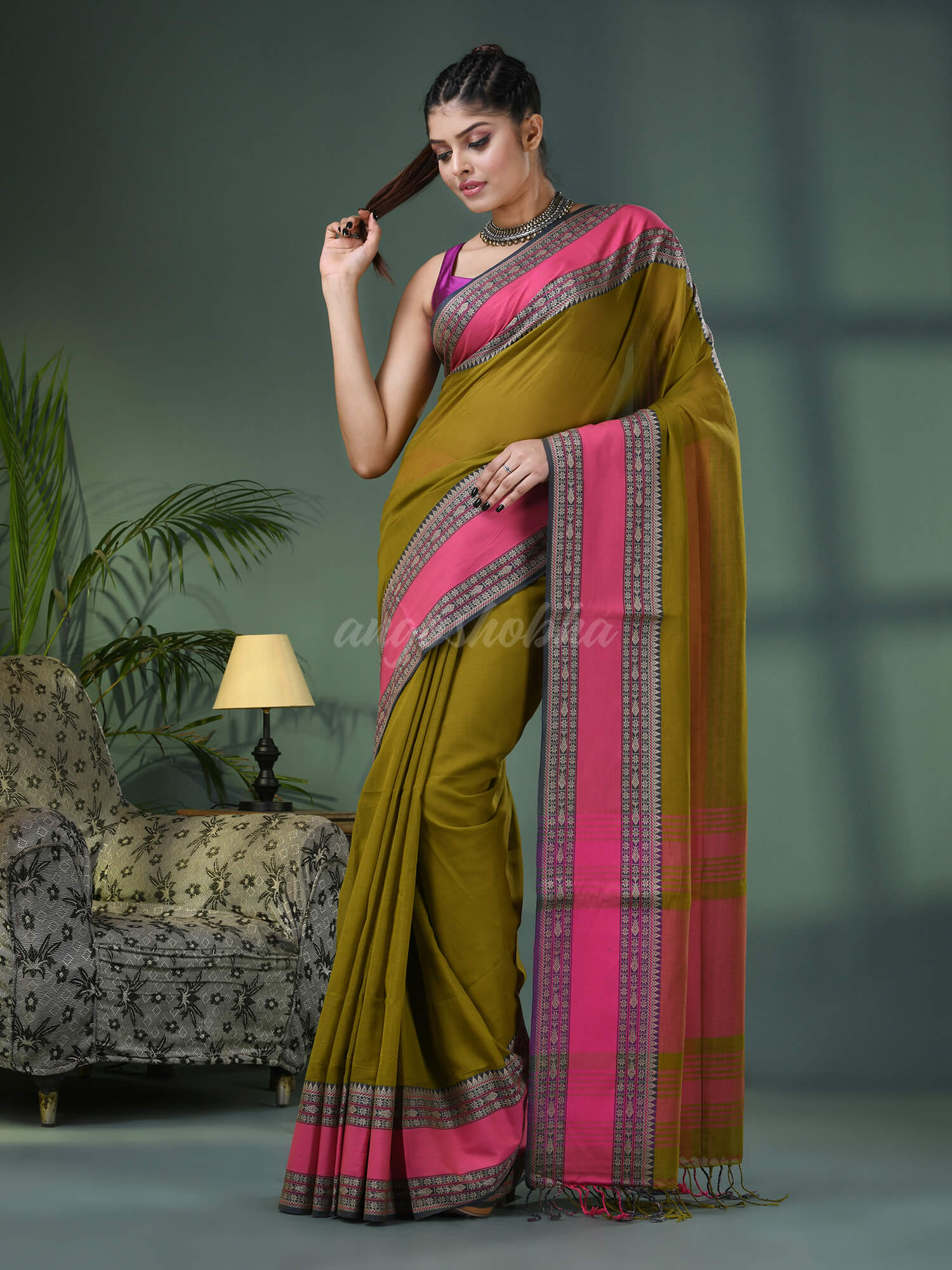Moss Green Cotton Jacquard Border Handloom Saree