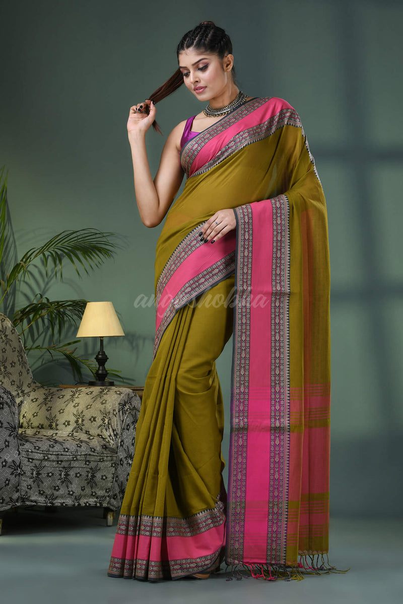 Moss Green Cotton Jacquard Border Handloom Saree
