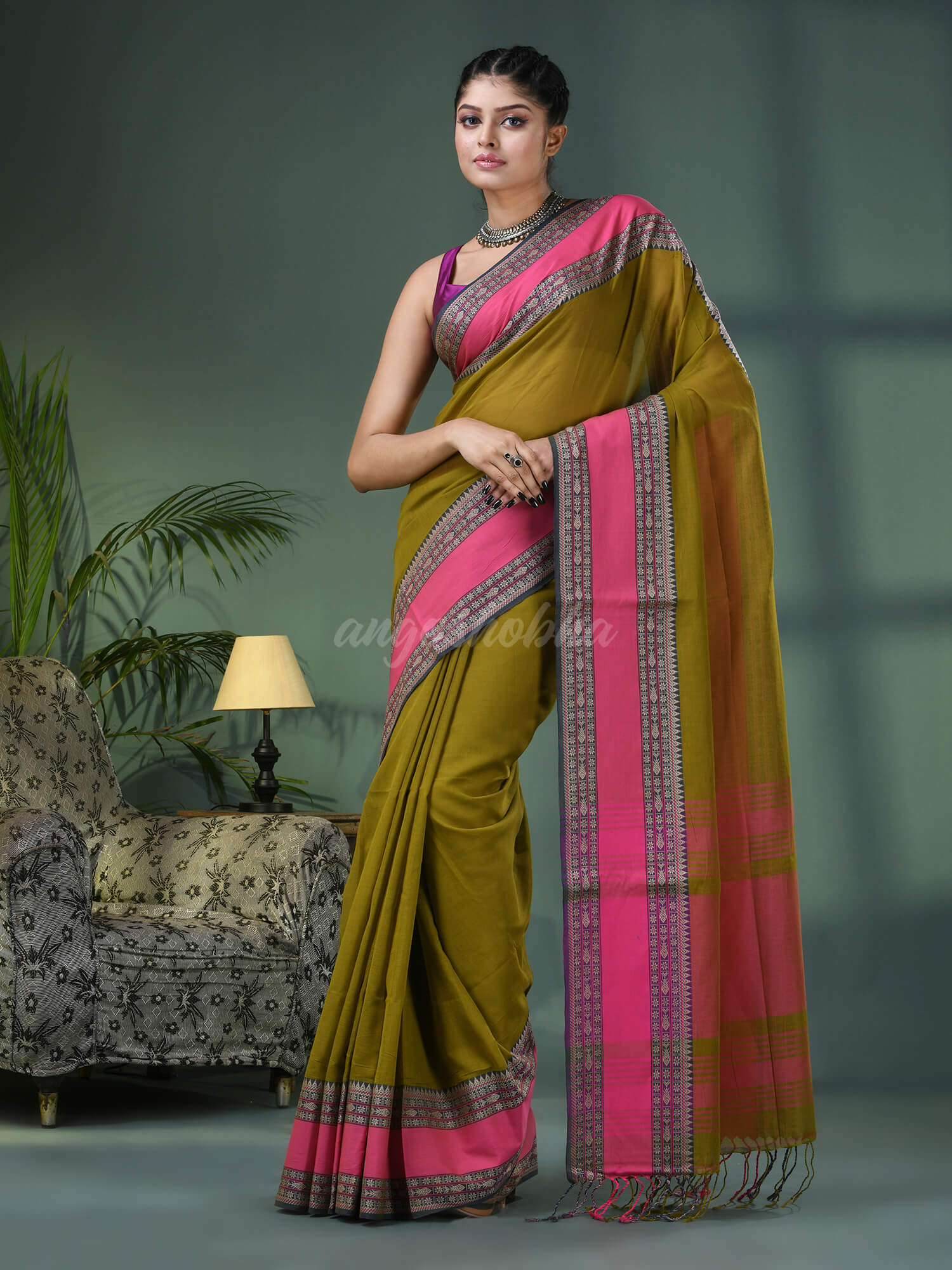 Moss Green Cotton Jacquard Border Handloom Saree