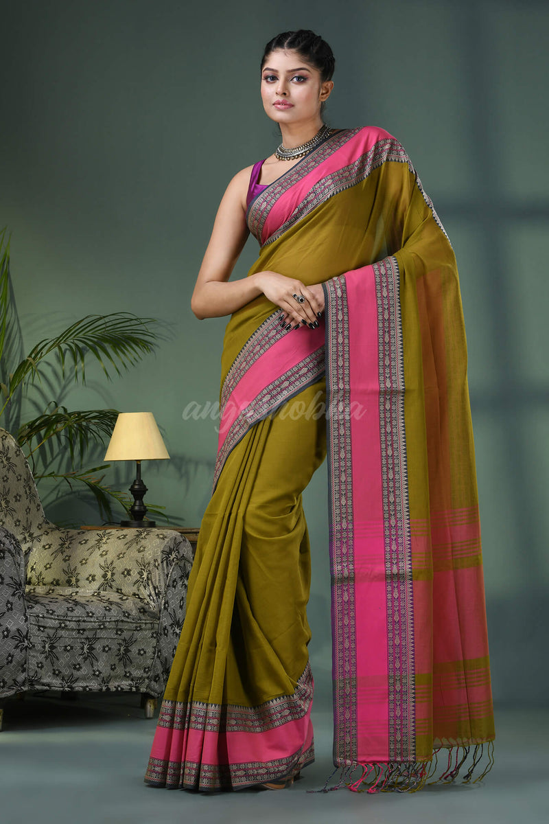 Moss Green Cotton Jacquard Border Handloom Saree