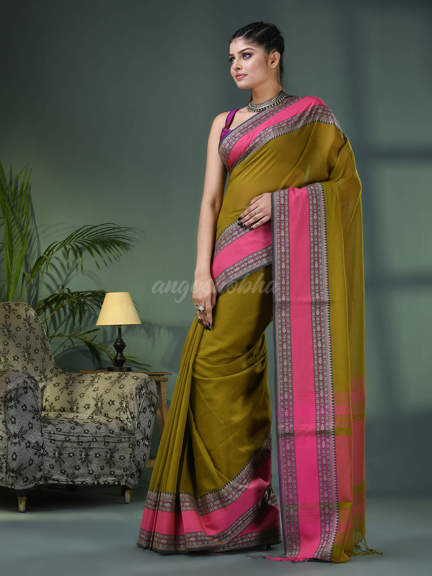 Moss Green Cotton Jacquard Border Handloom Saree