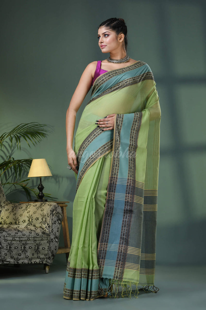 Olive Green Cotton Jacquard Border Handloom Saree