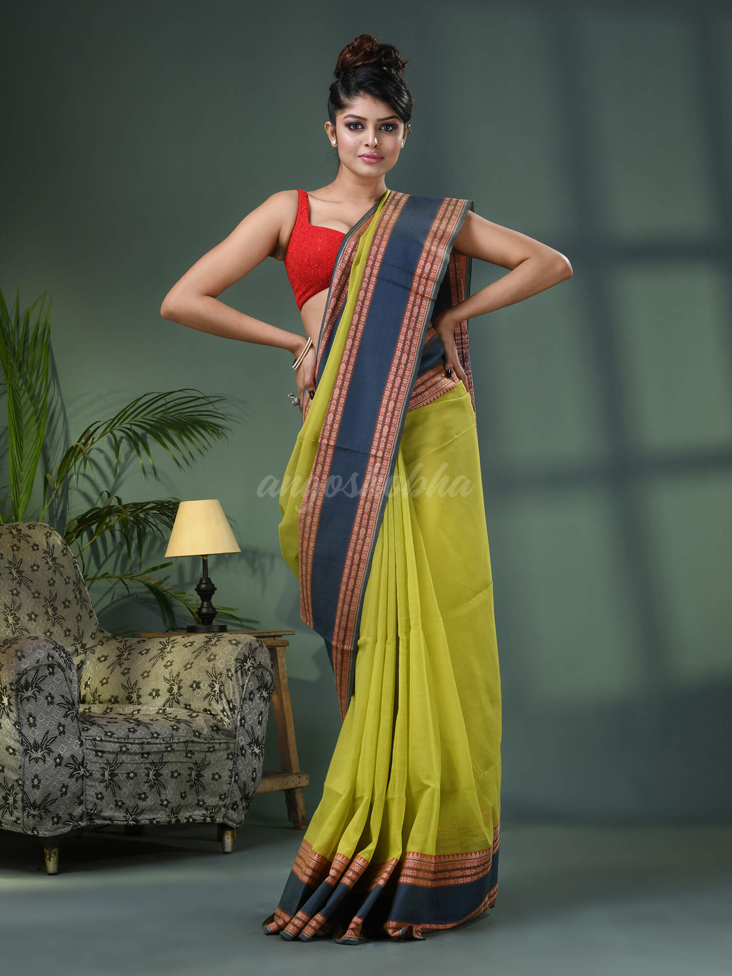 Lime Green Cotton Jacquard Border Handloom Saree