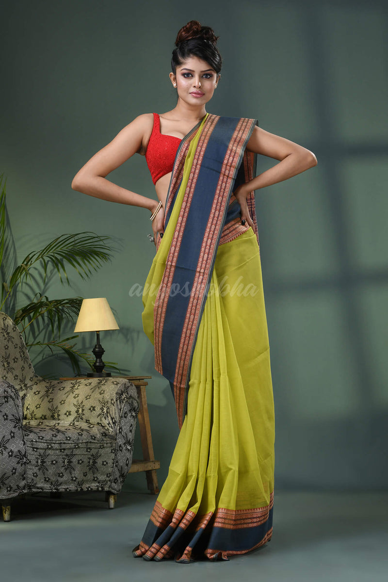 Lime Green Cotton Jacquard Border Handloom Saree