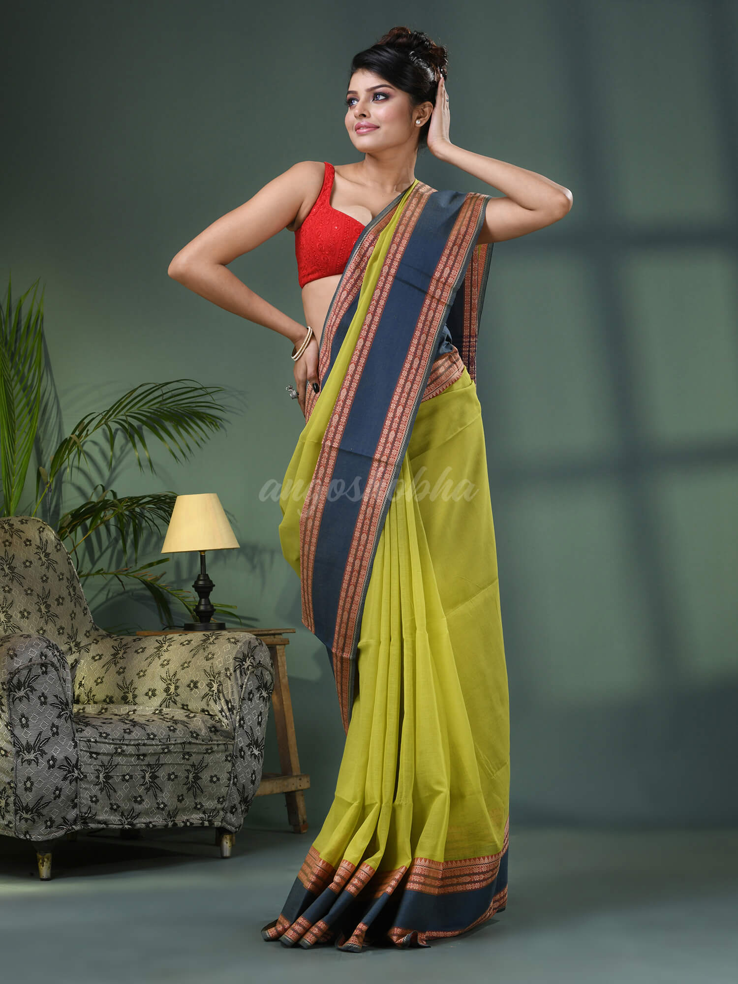 Lime Green Cotton Jacquard Border Handloom Saree