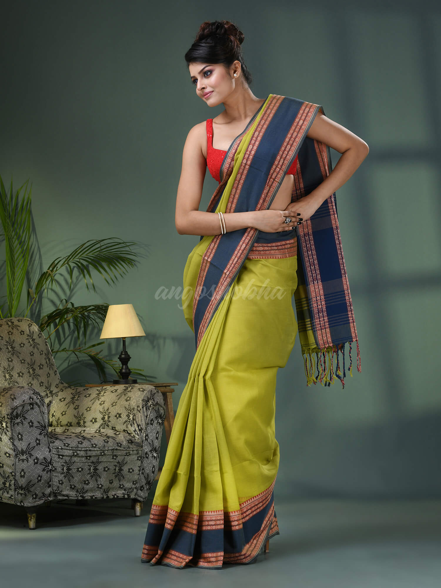 Lime Green Cotton Jacquard Border Handloom Saree