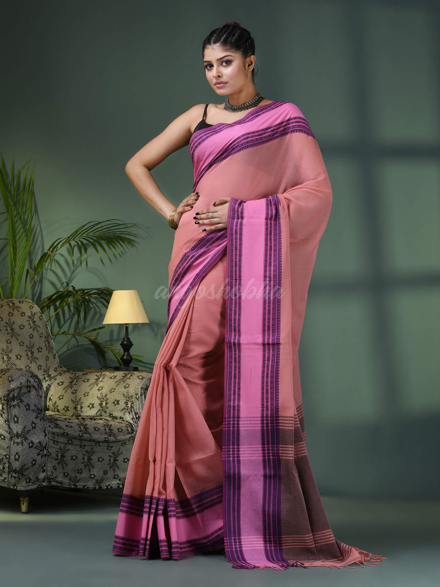 Pastel Peach Cotton Jacquard Border Handloom Saree