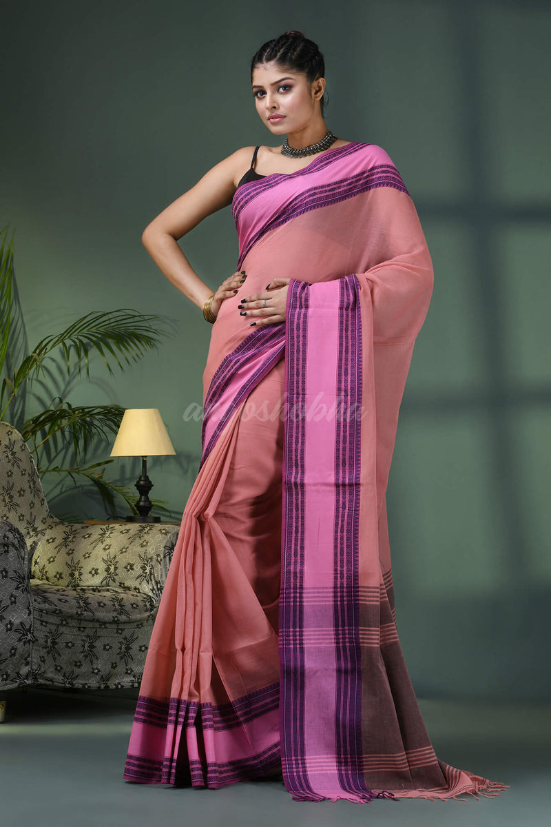 Pastel Peach Cotton Jacquard Border Handloom Saree
