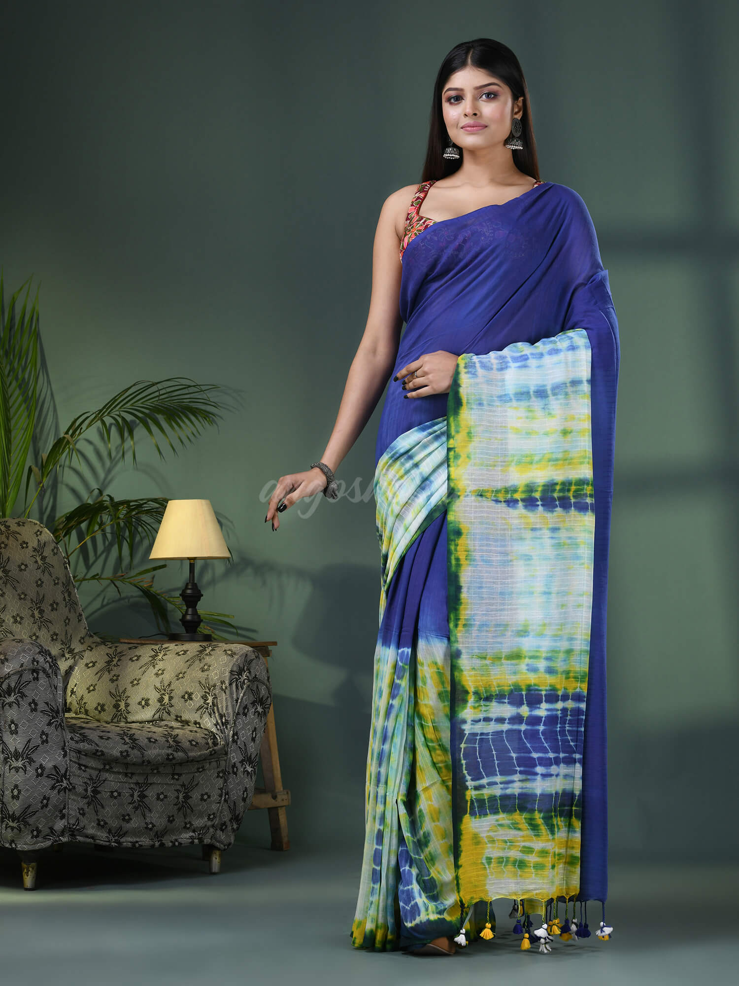 Blue & White Cotton Srivari Handloom Saree