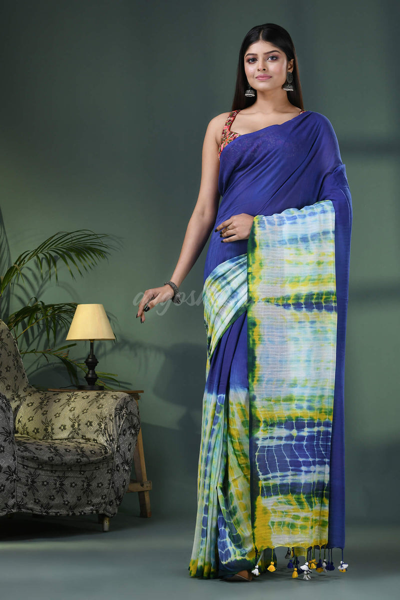 Blue & White Cotton Srivari Handloom Saree