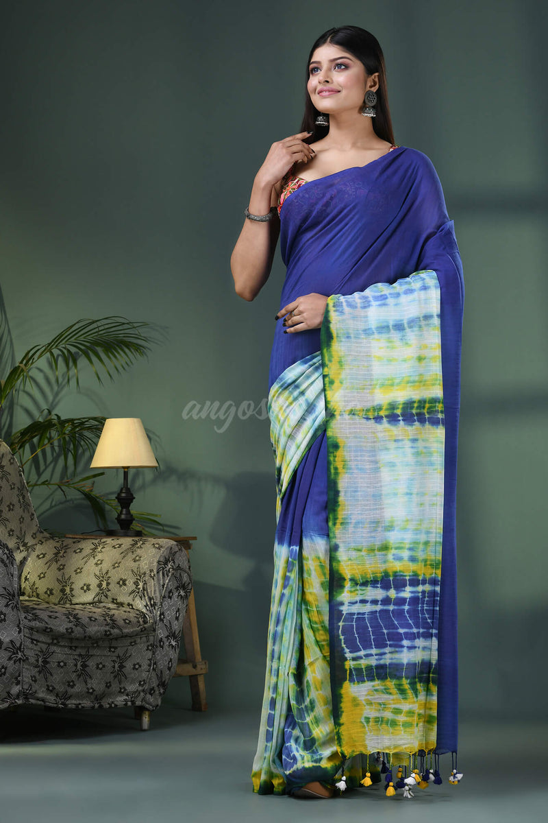 Blue & White Cotton Srivari Handloom Saree