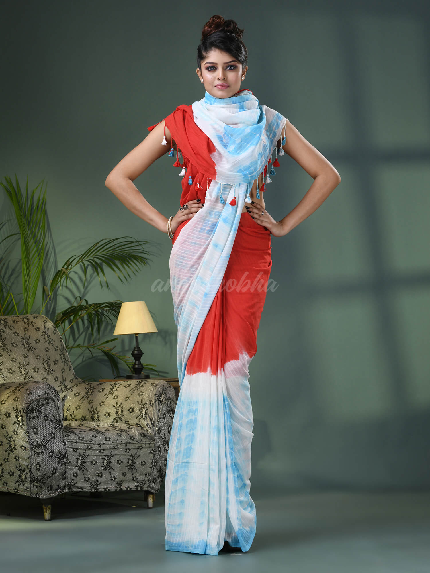 Red & Sky Blue Cotton Srivari Handloom Saree