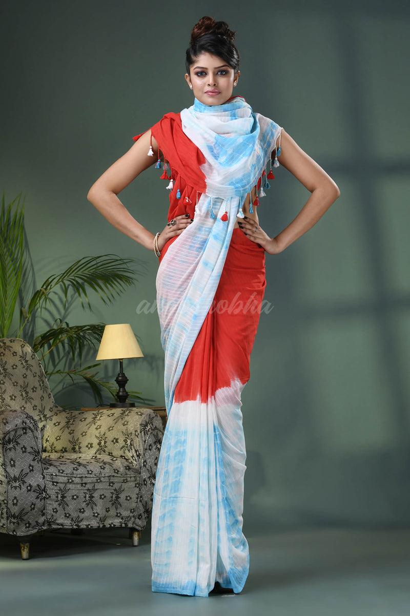 Red & Sky Blue Cotton Srivari Handloom Saree