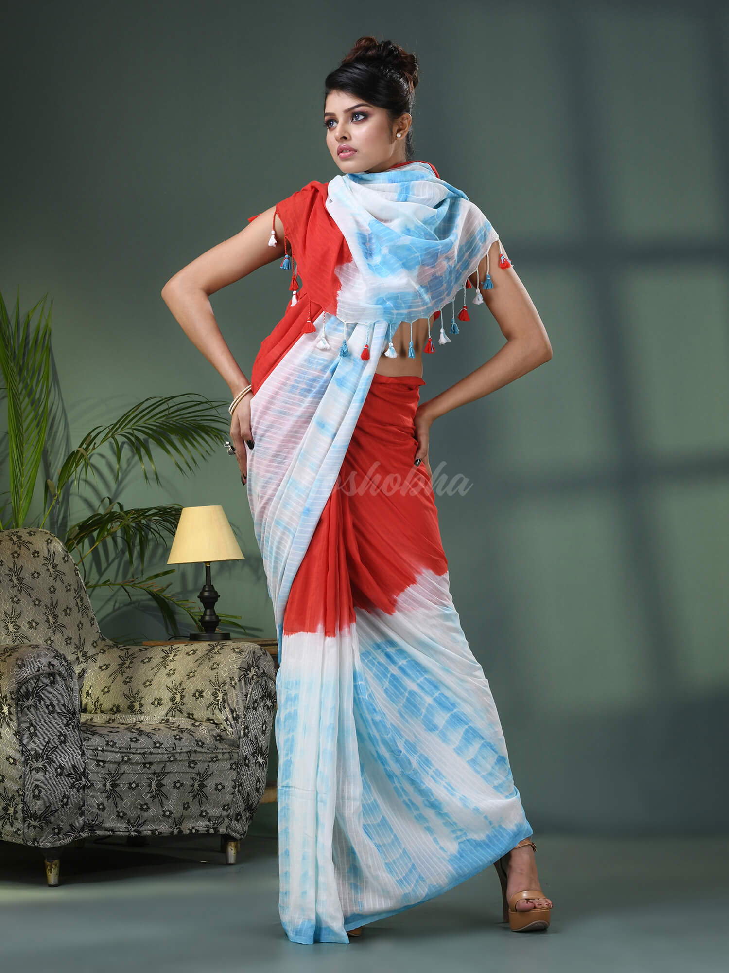 Red & Sky Blue Cotton Srivari Handloom Saree