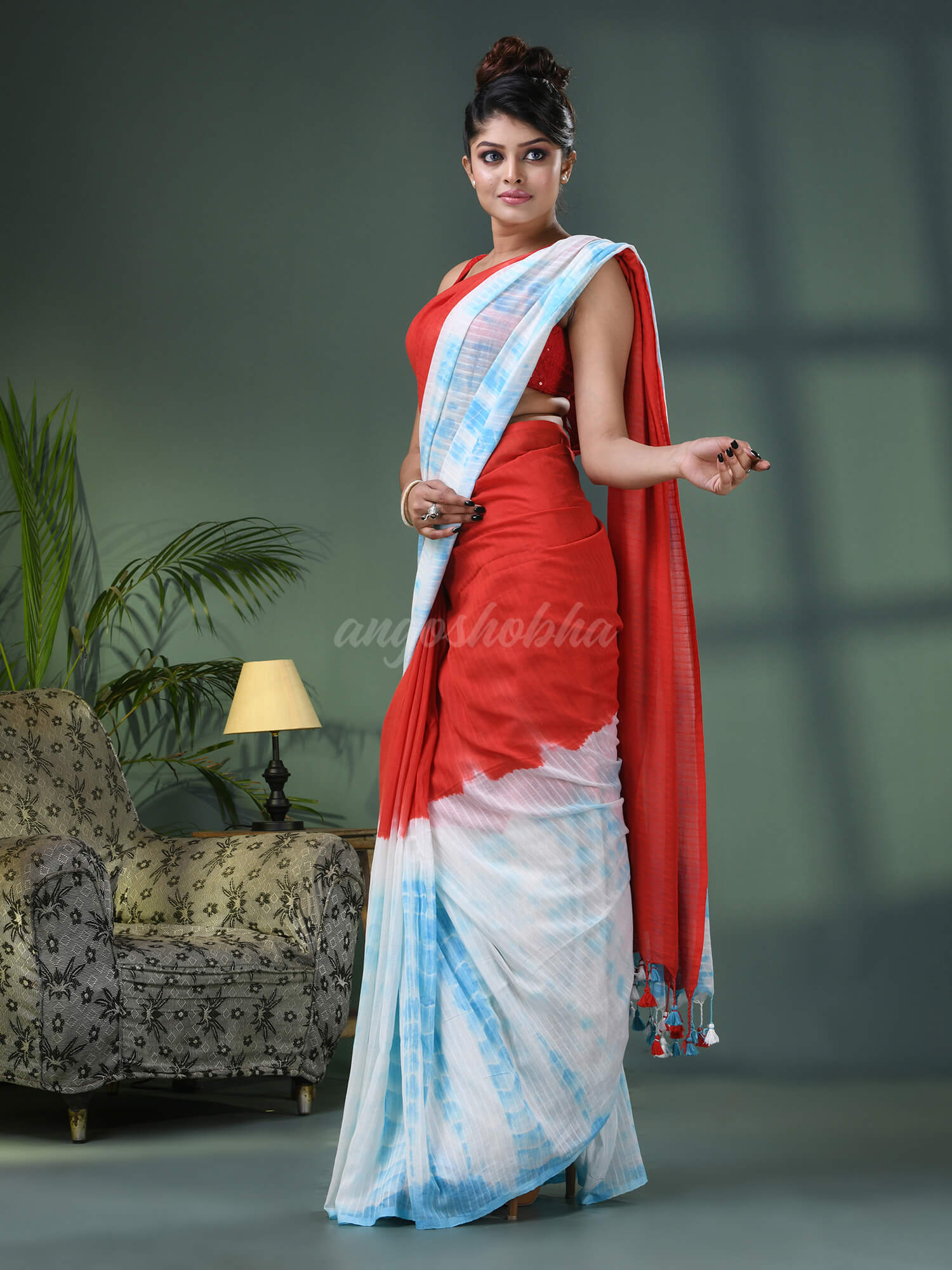 Red & Sky Blue Cotton Srivari Handloom Saree