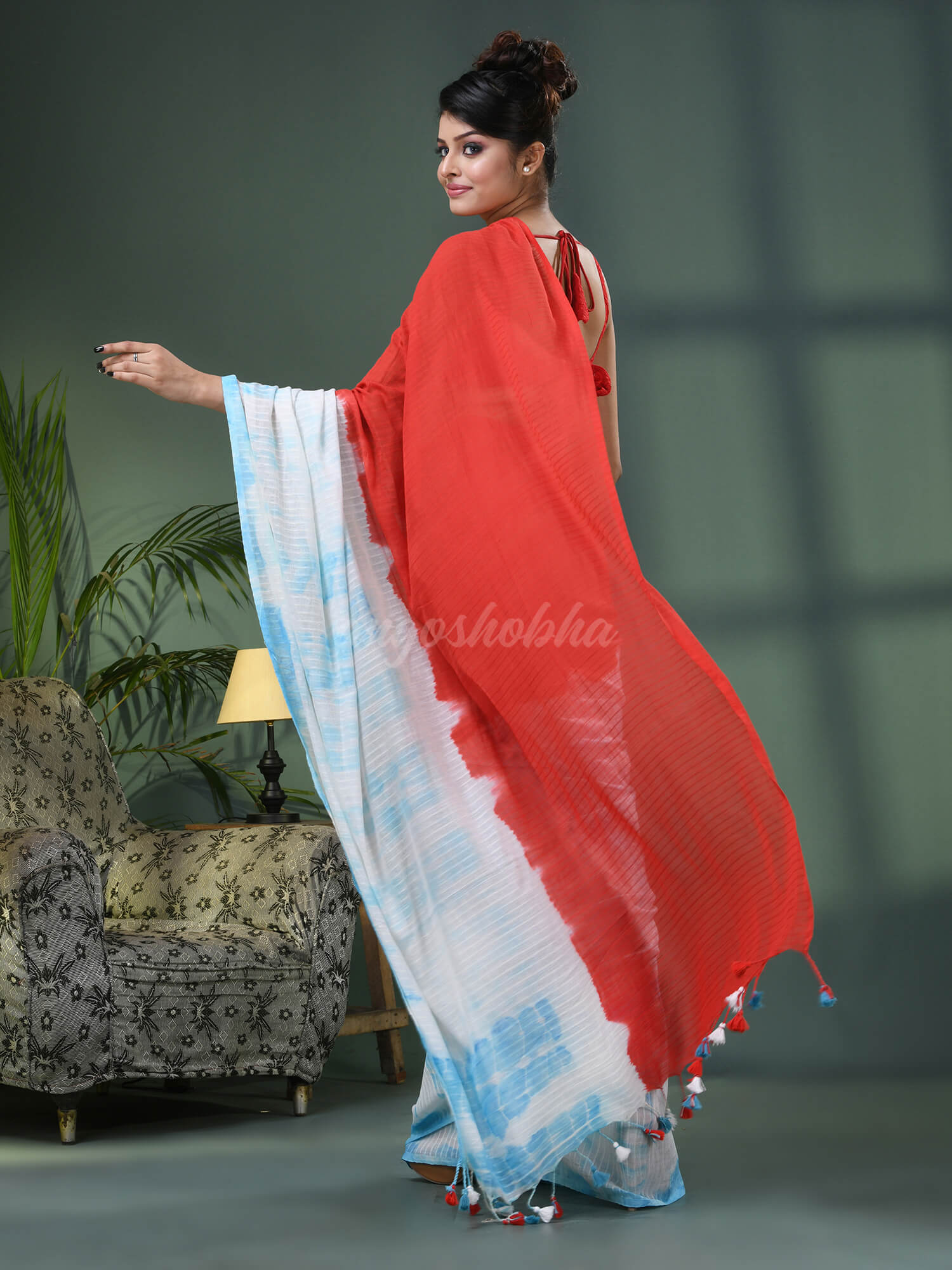 Red & Sky Blue Cotton Srivari Handloom Saree