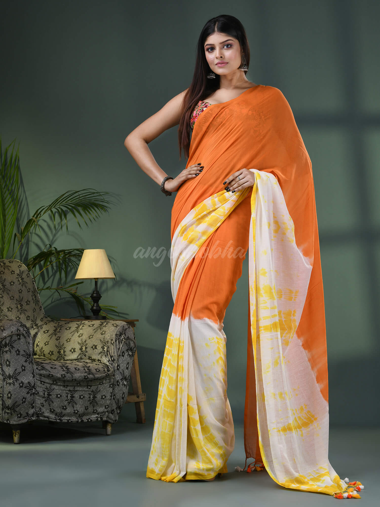 Orange & White Cotton Srivari Handloom Saree