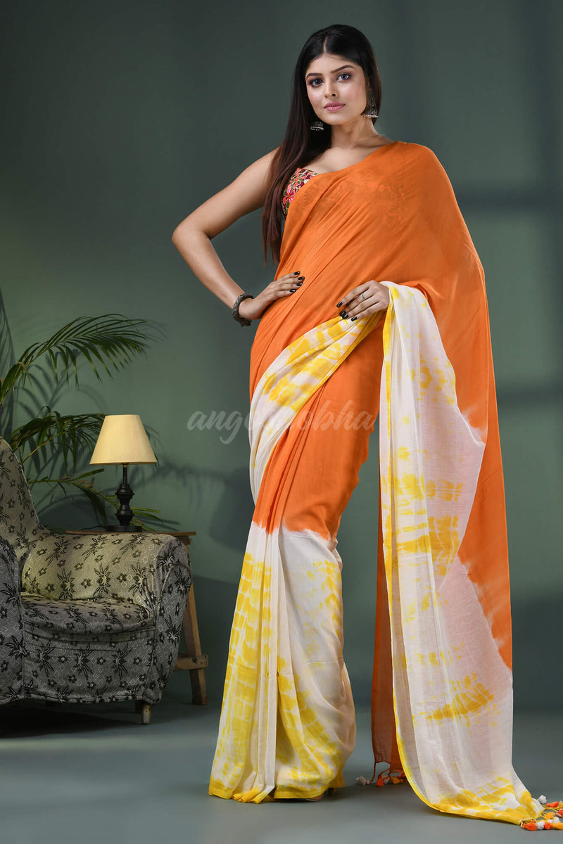 Orange & White Cotton Srivari Handloom Saree